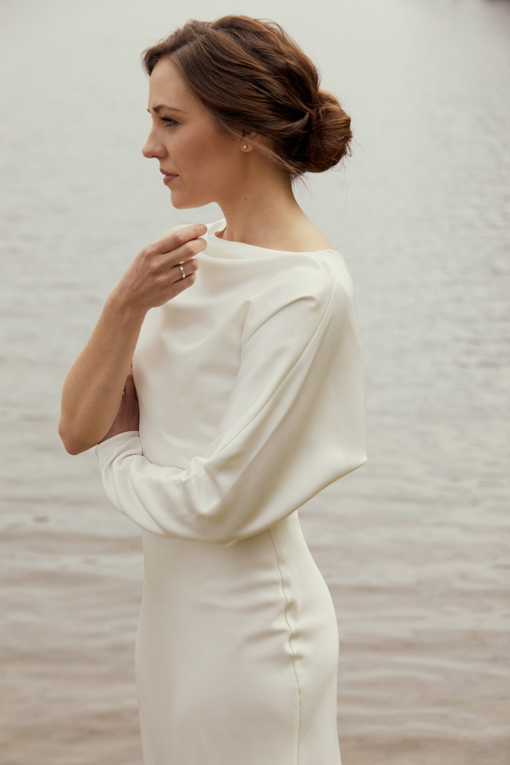 white silk fitted dress