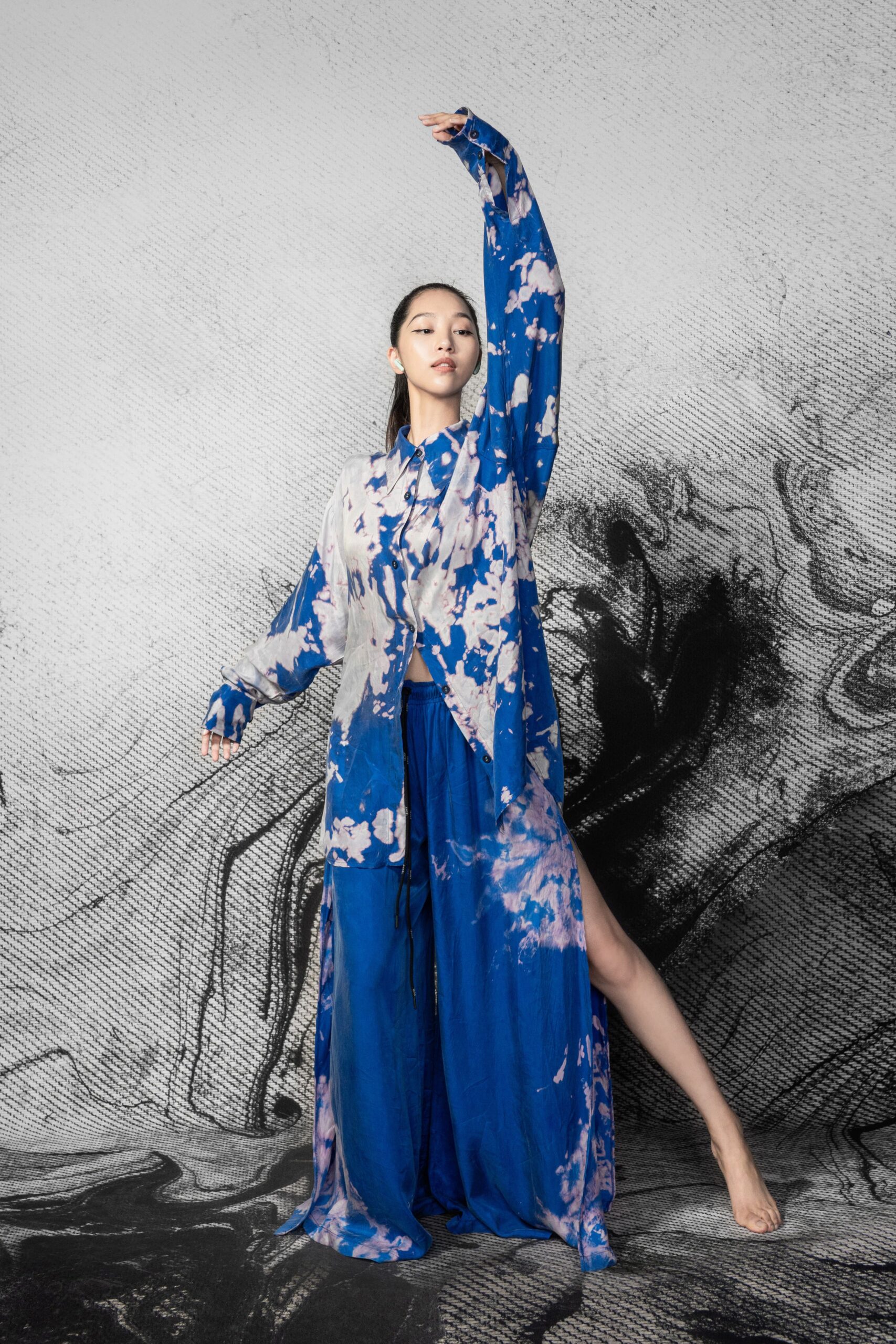 blue silk relaxed top and pants