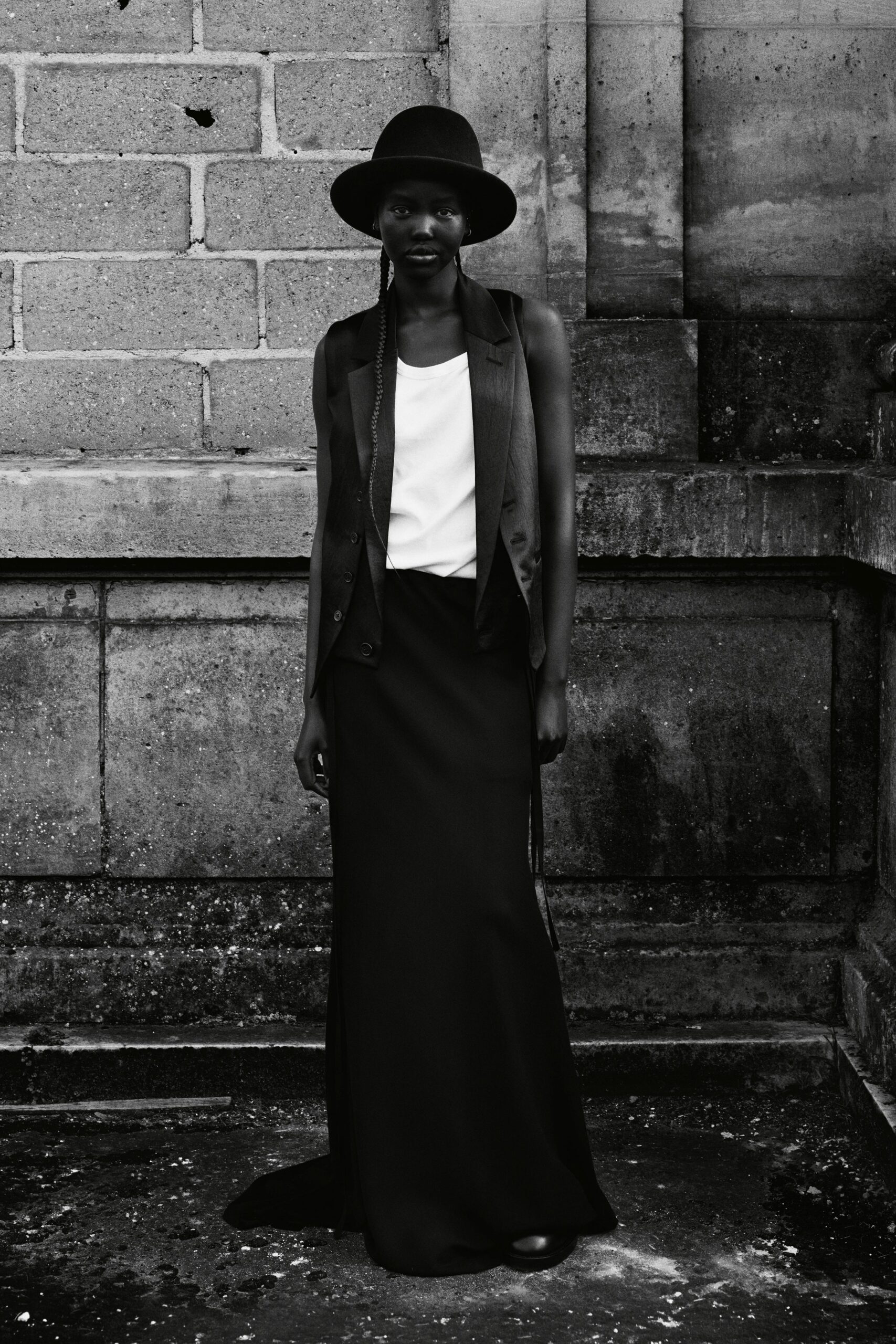 black silk vest and maxi skirt