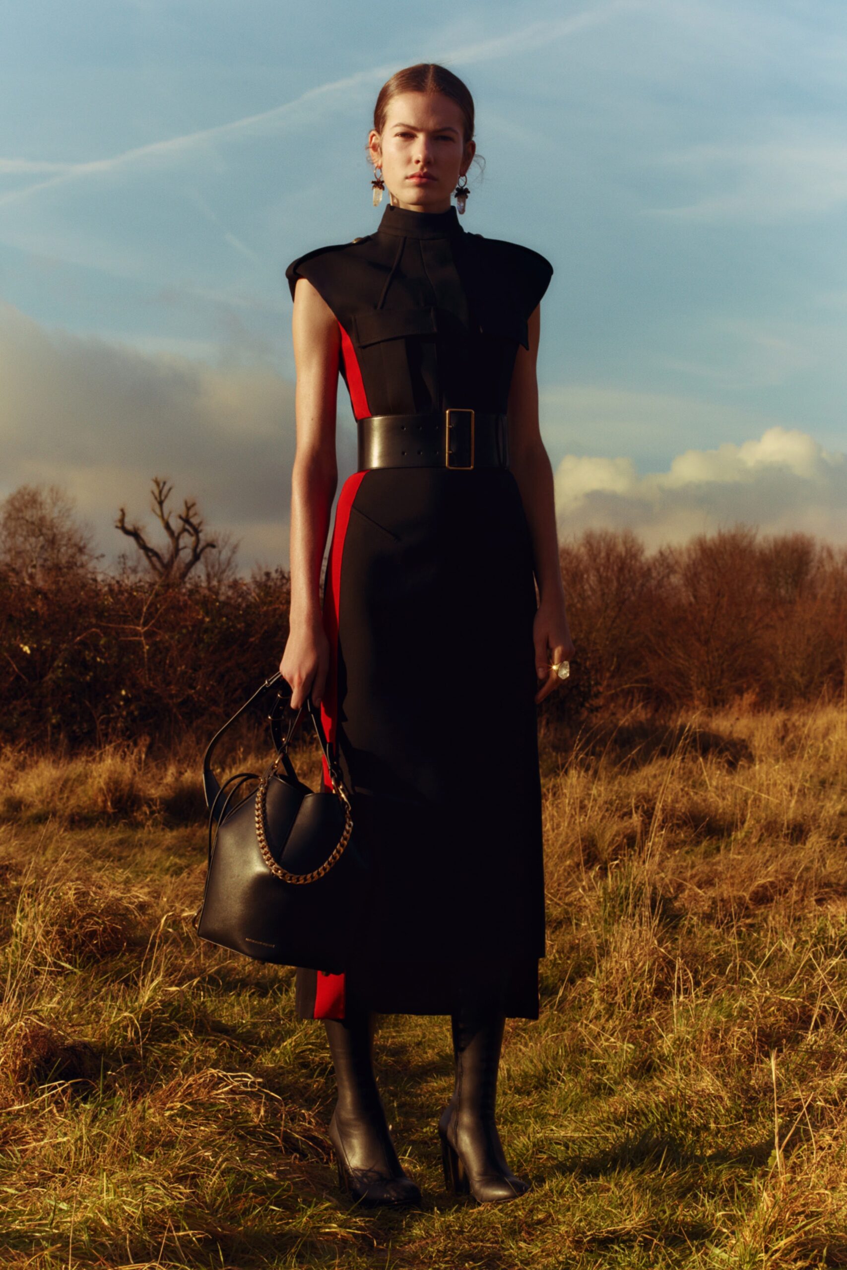 black and red leather midi dress