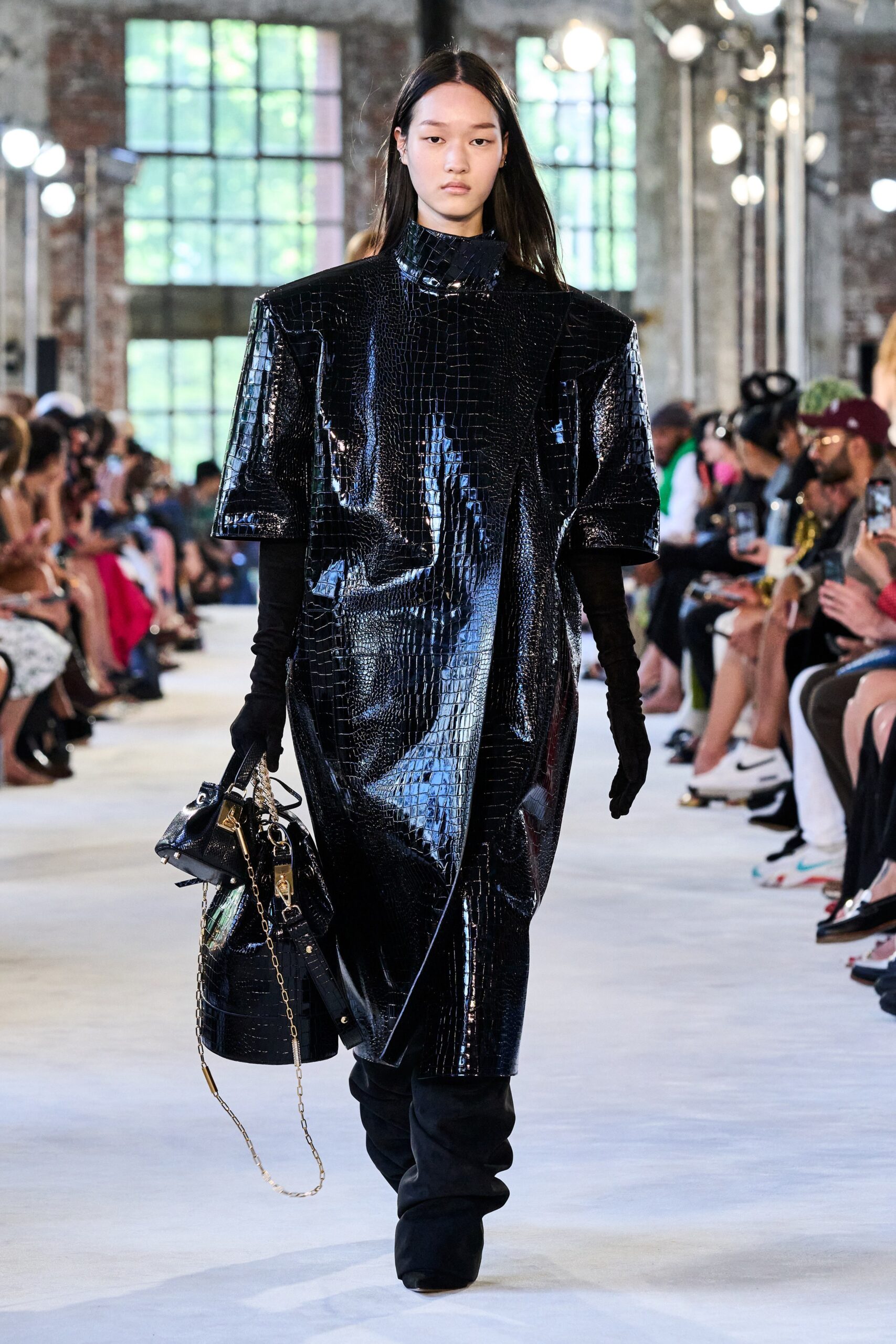 black vinyl midi dress