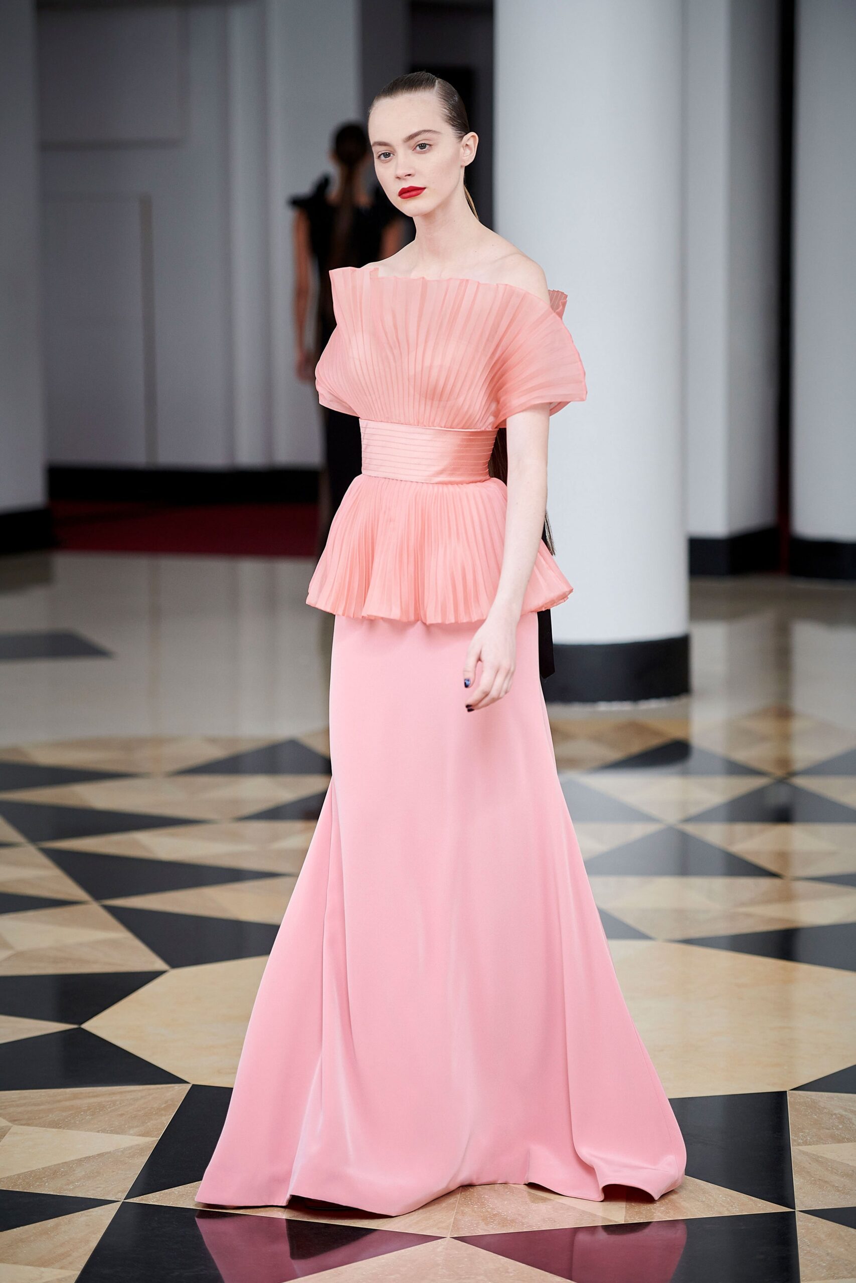 pink silk off-shoulder gown
