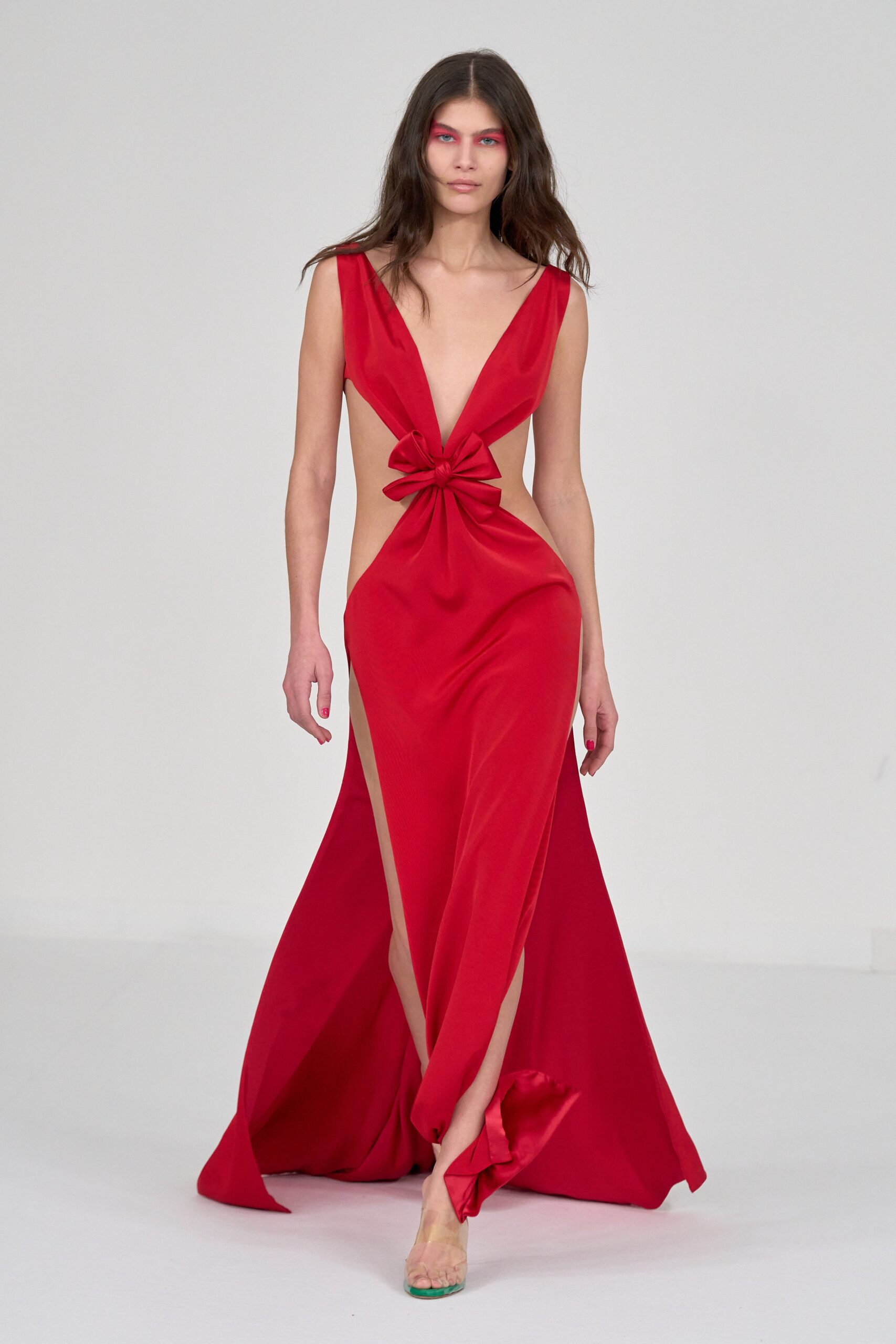 red silk fitted gown