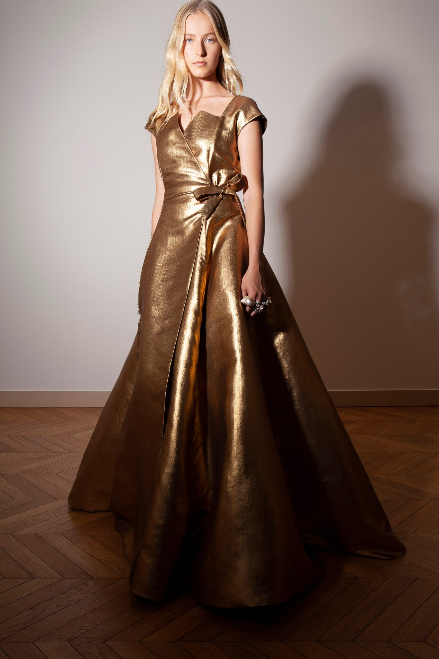 gold silk fitted gown