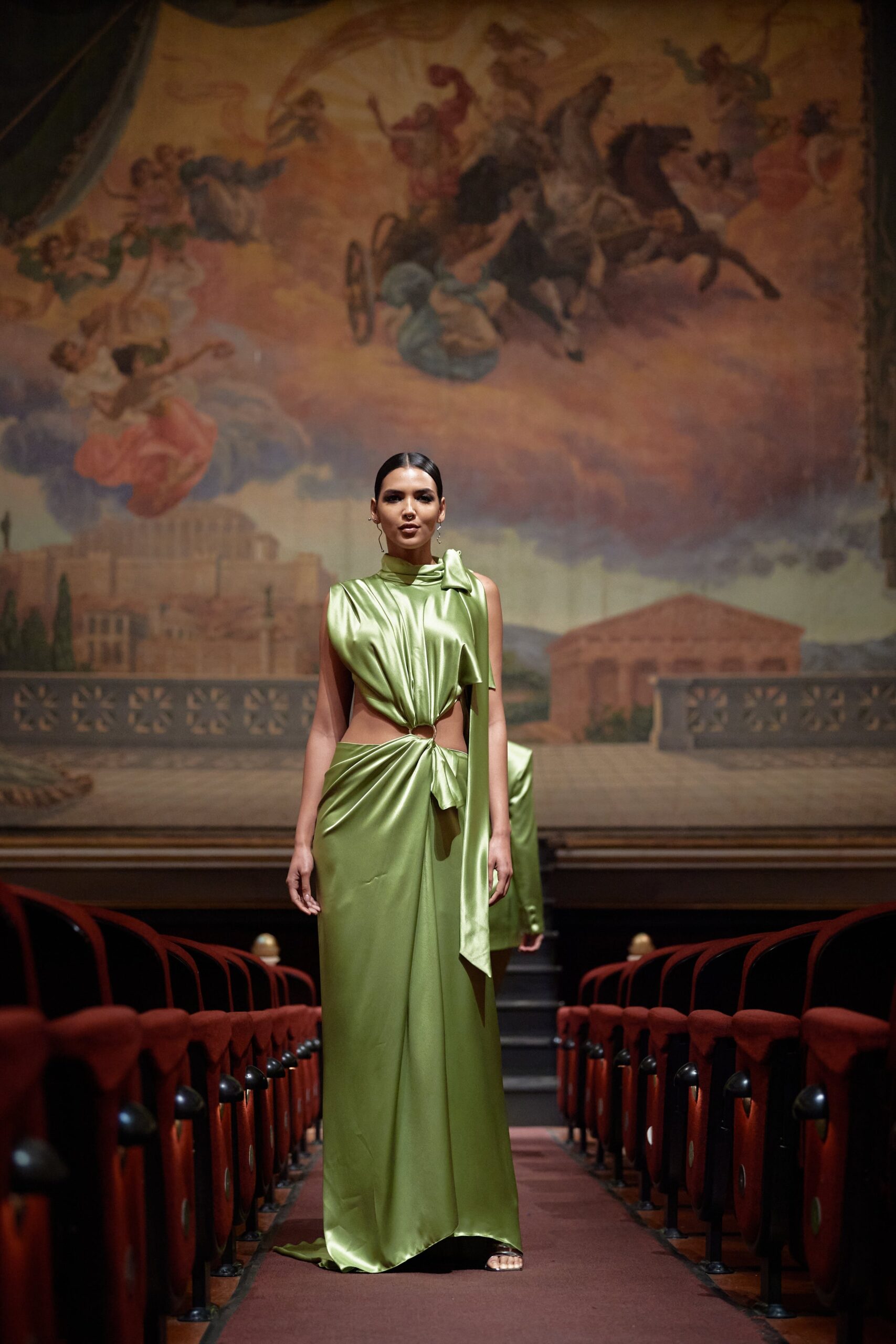 green silk fitted gown