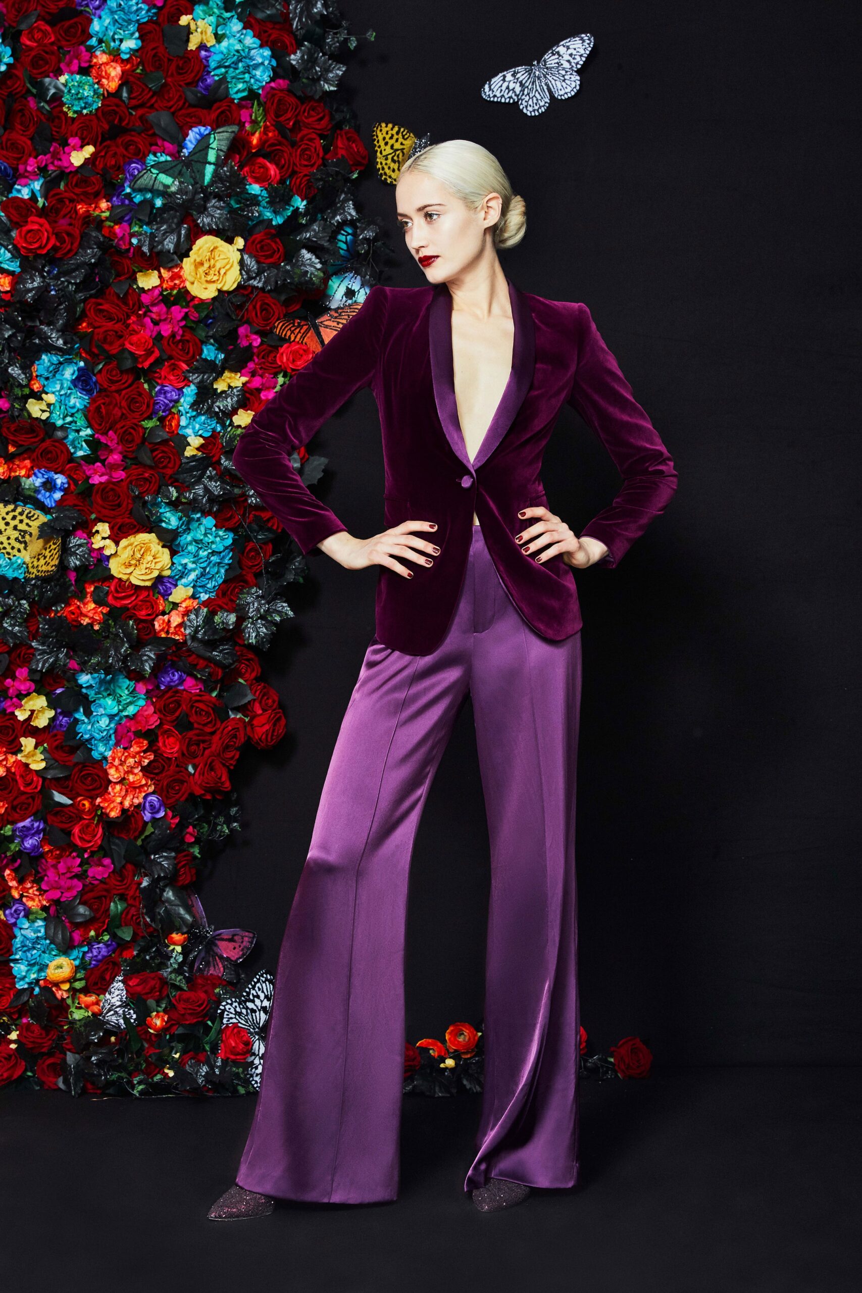 purple velvet tailored blazer and flared pants