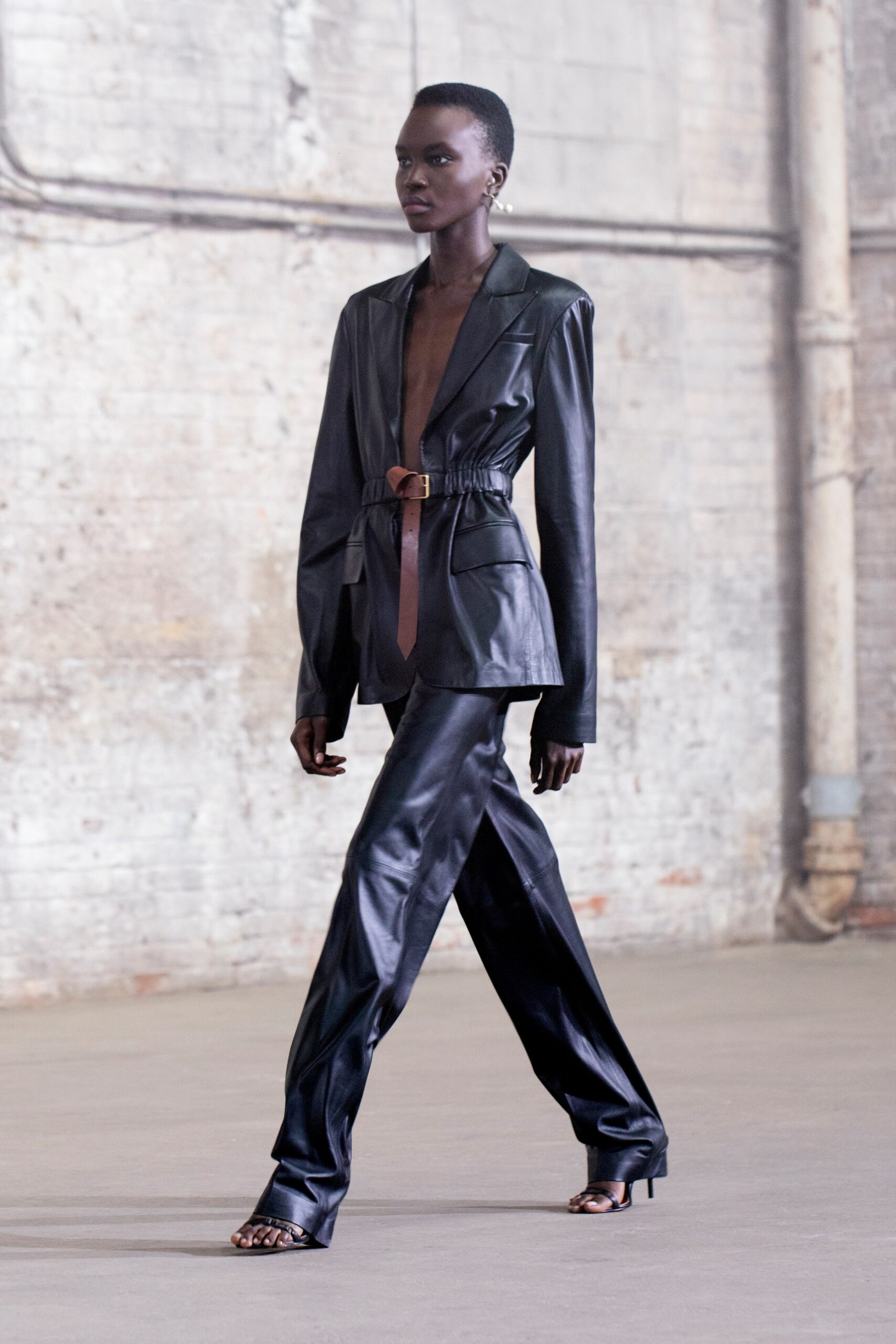 black leather fitted blazer and pants