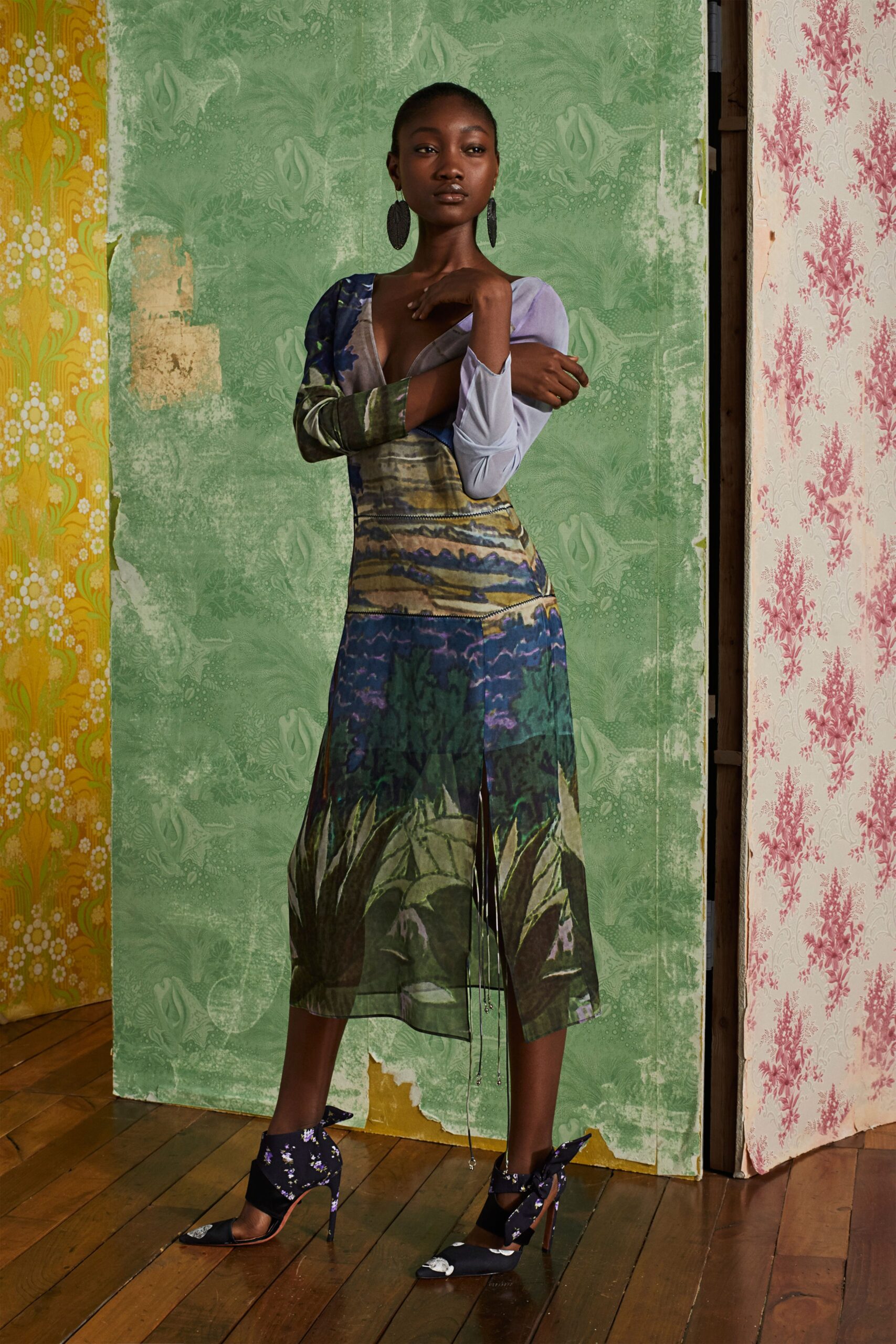 blue green printed midi dress