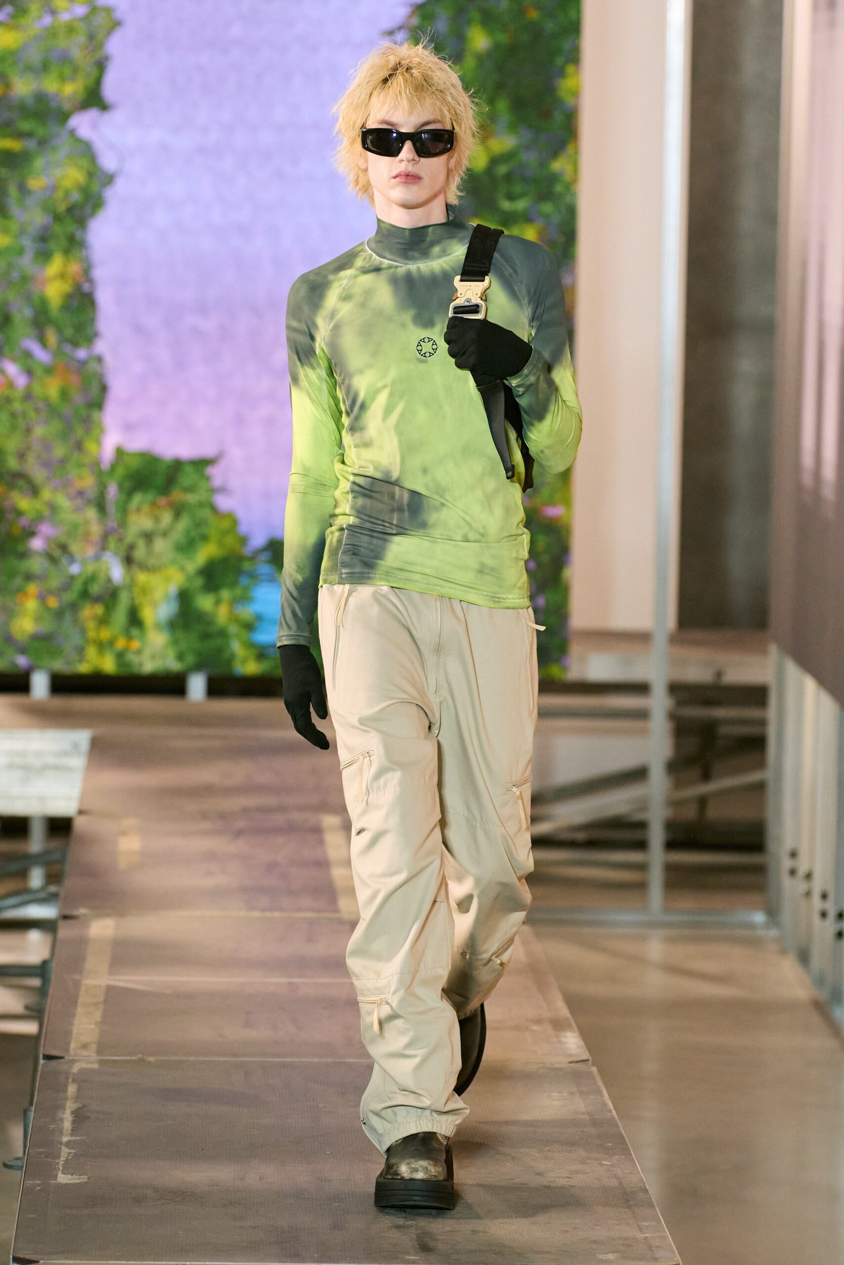 fitted green and yellow top with relaxed cargo pants