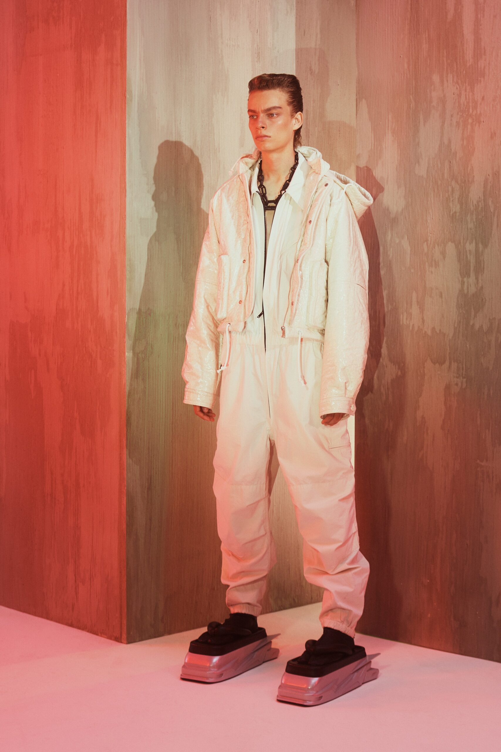 white vinyl long-sleeve hooded relaxed zippered shiny jacket