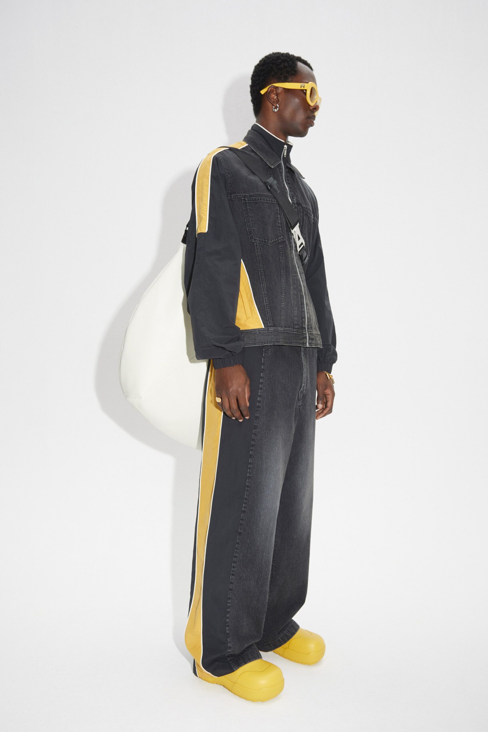 black denim long-sleeve collared relaxed zippered color-blocked jacket