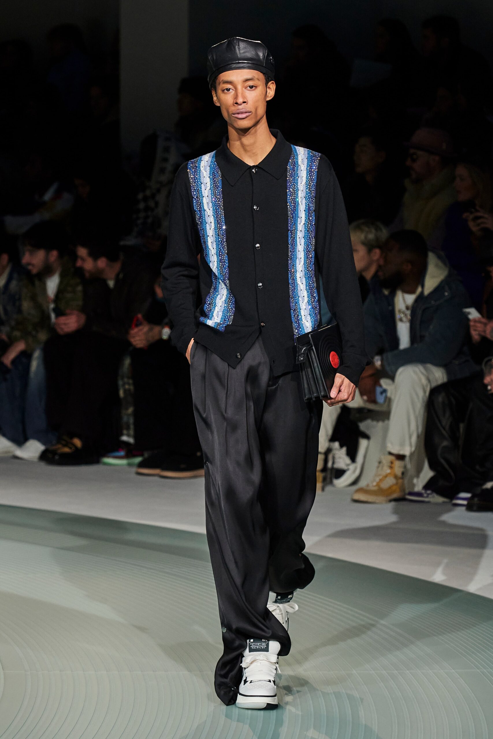 black cardigan with blue details