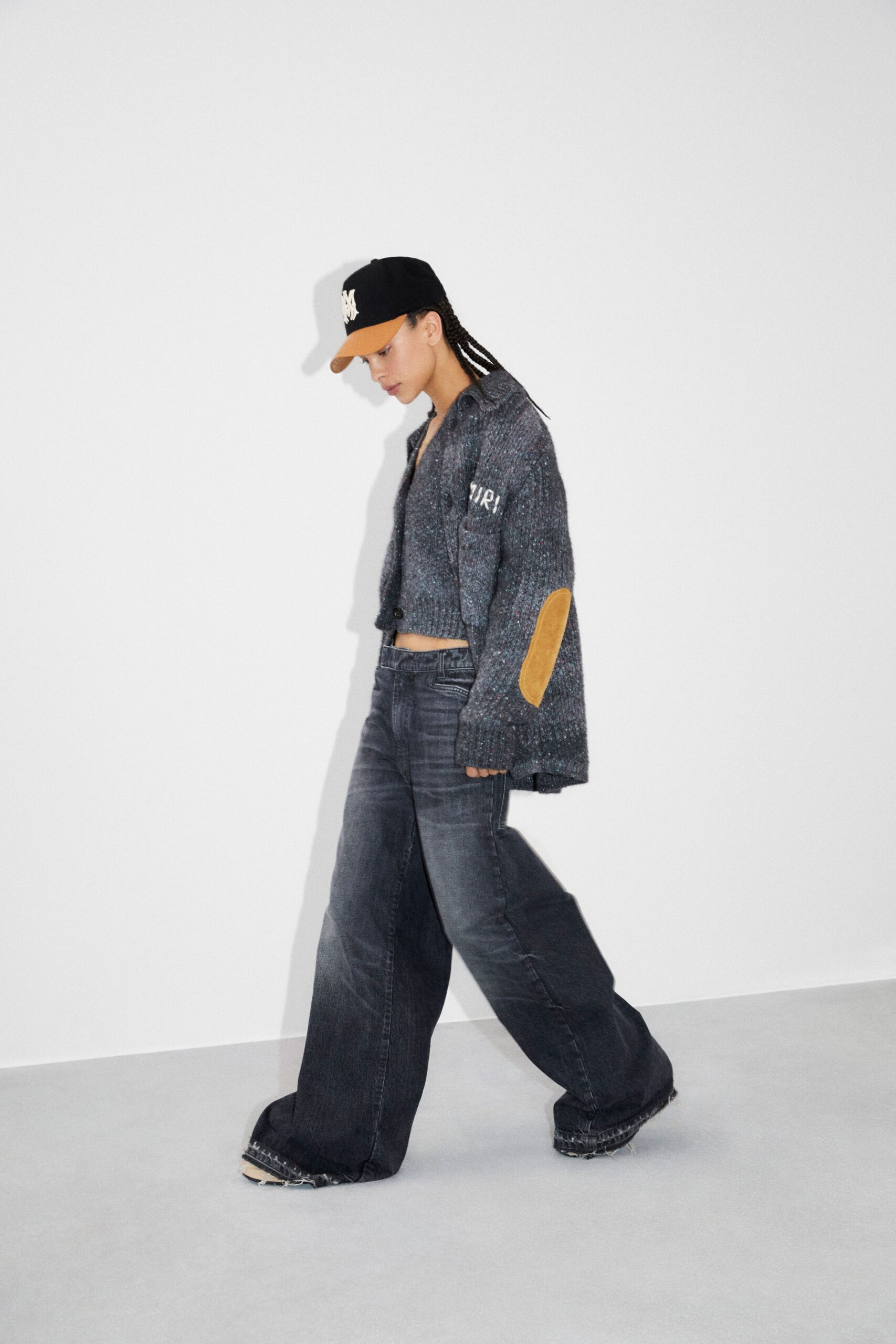 gray relaxed jacket and blue wide-leg pants