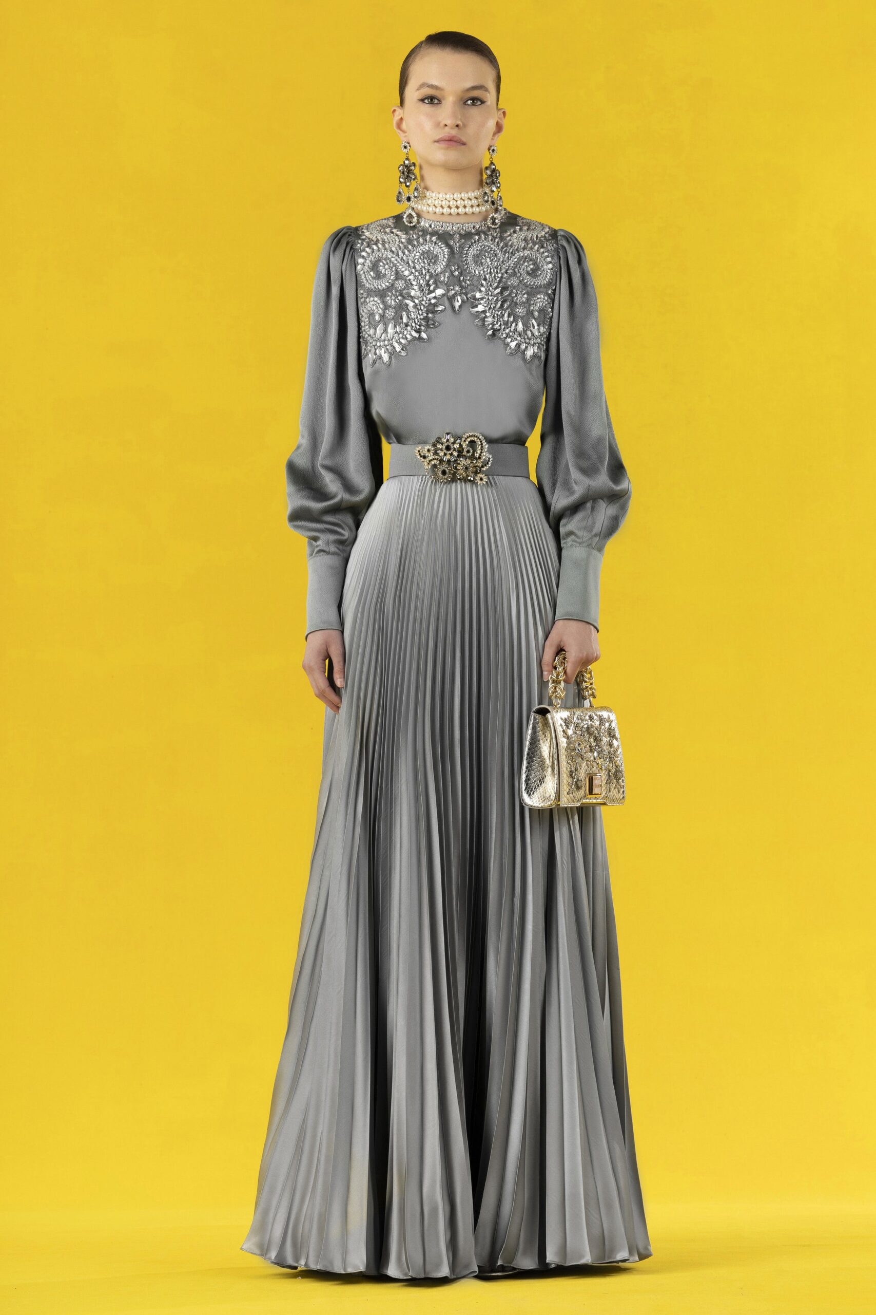 gray silk long-sleeve gown