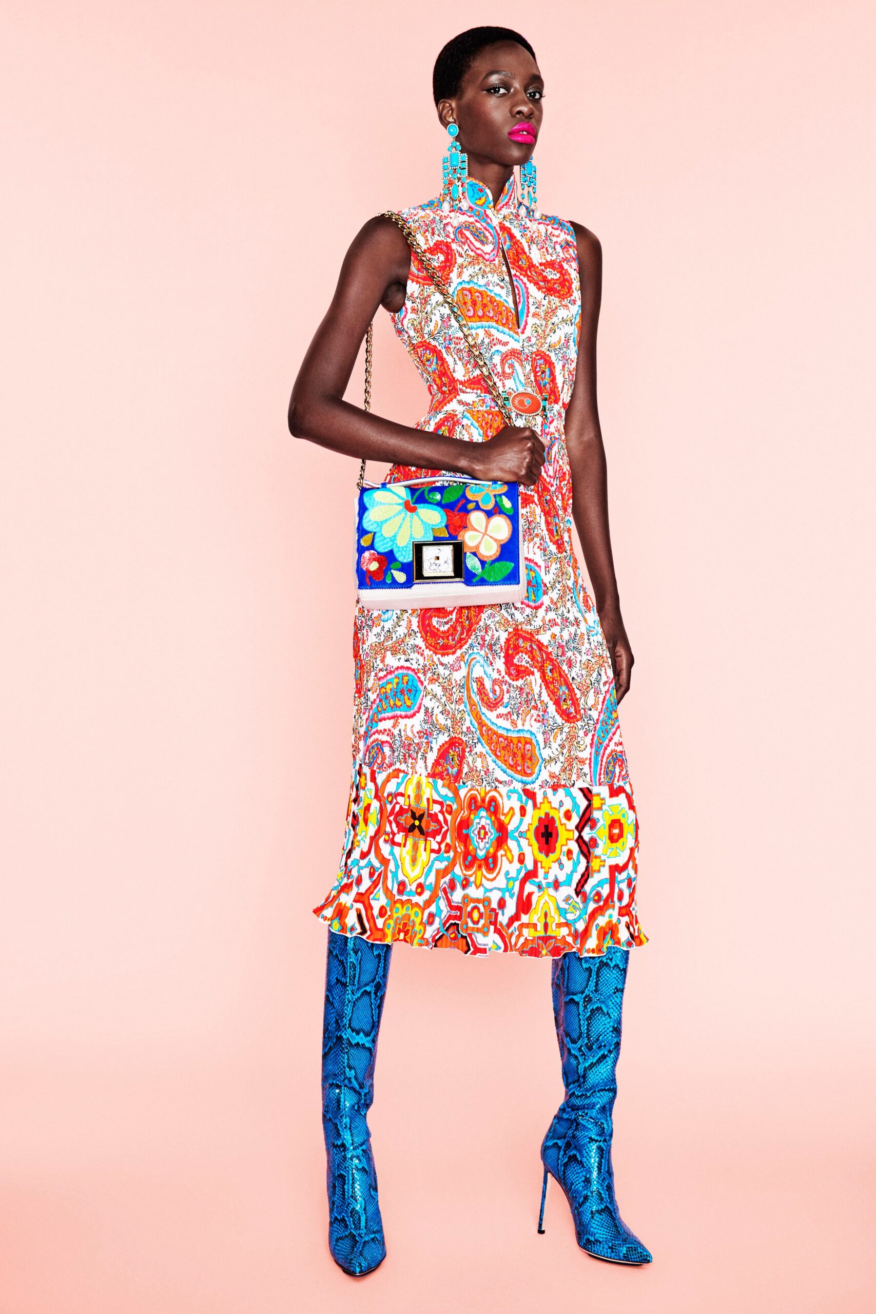multi silk sleeveless high-neck fitted flared midi dress