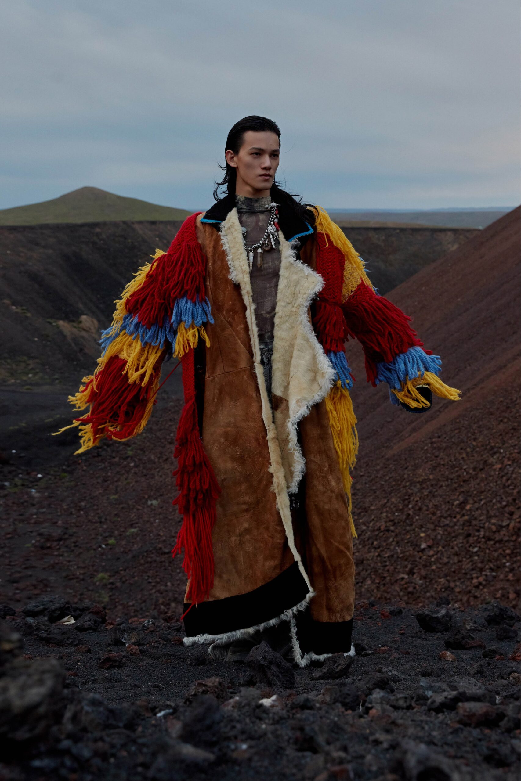 brown fur long-sleeve oversized fringed coat