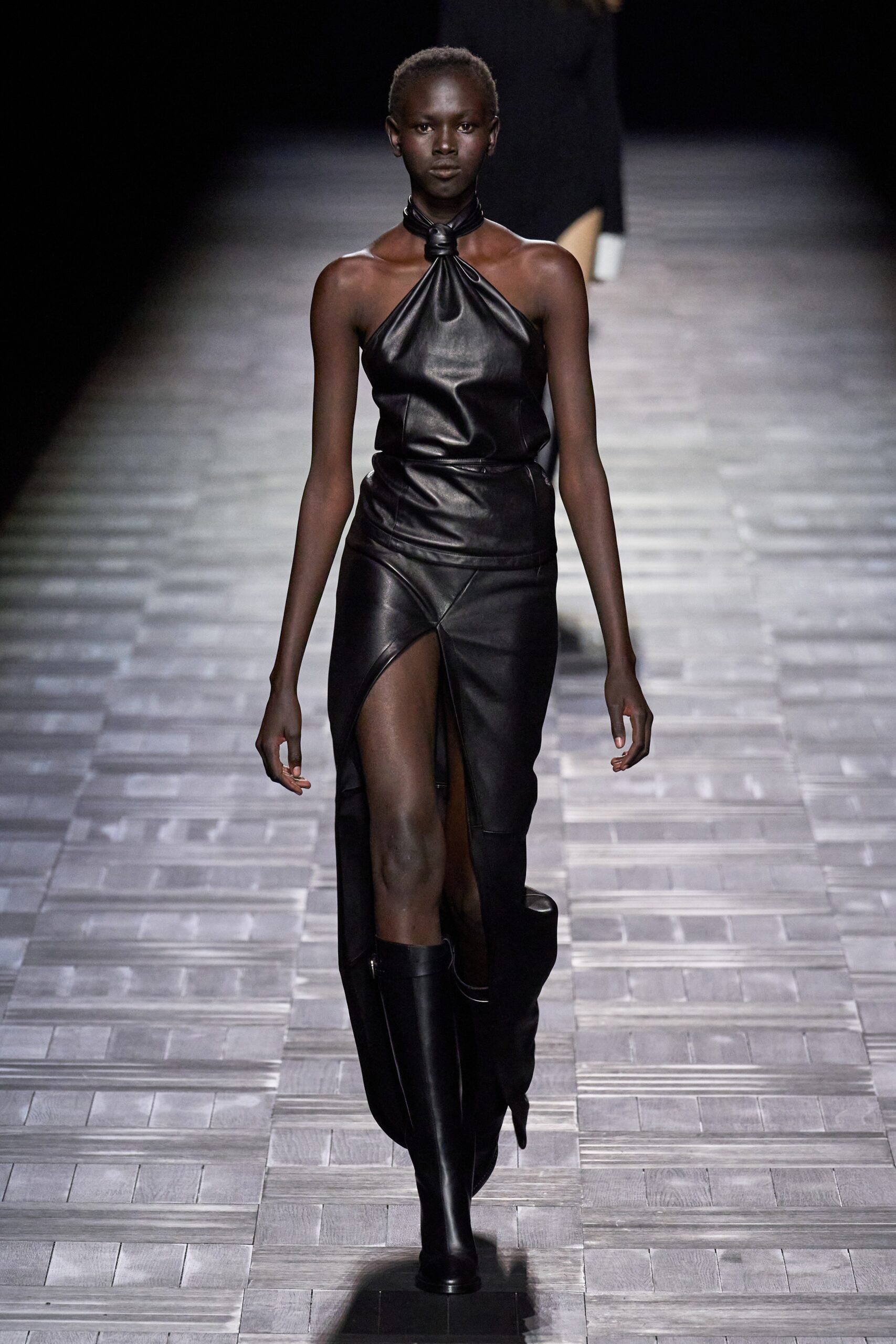 black leather sleeveless dress
