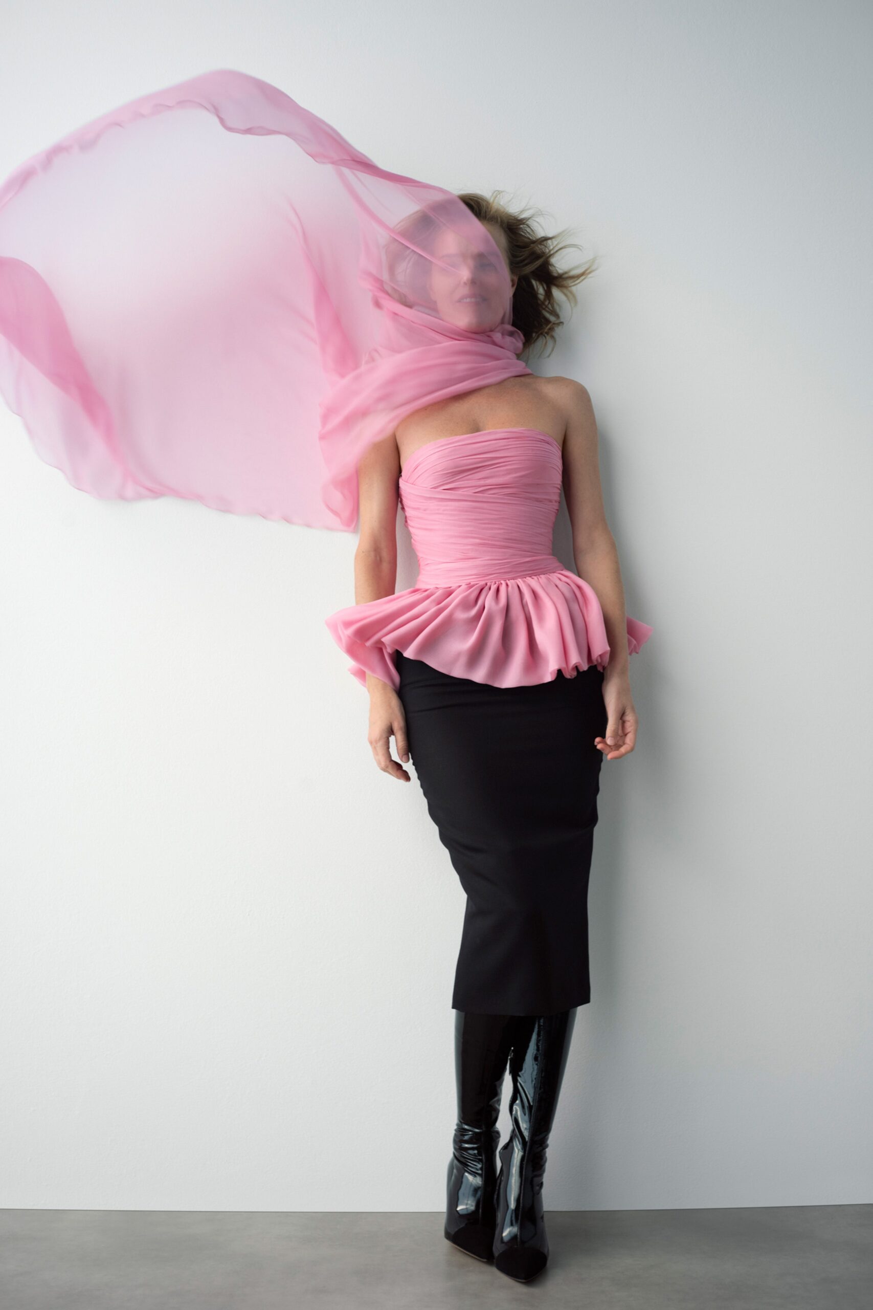 pink silk strapless fitted ruched flowing top