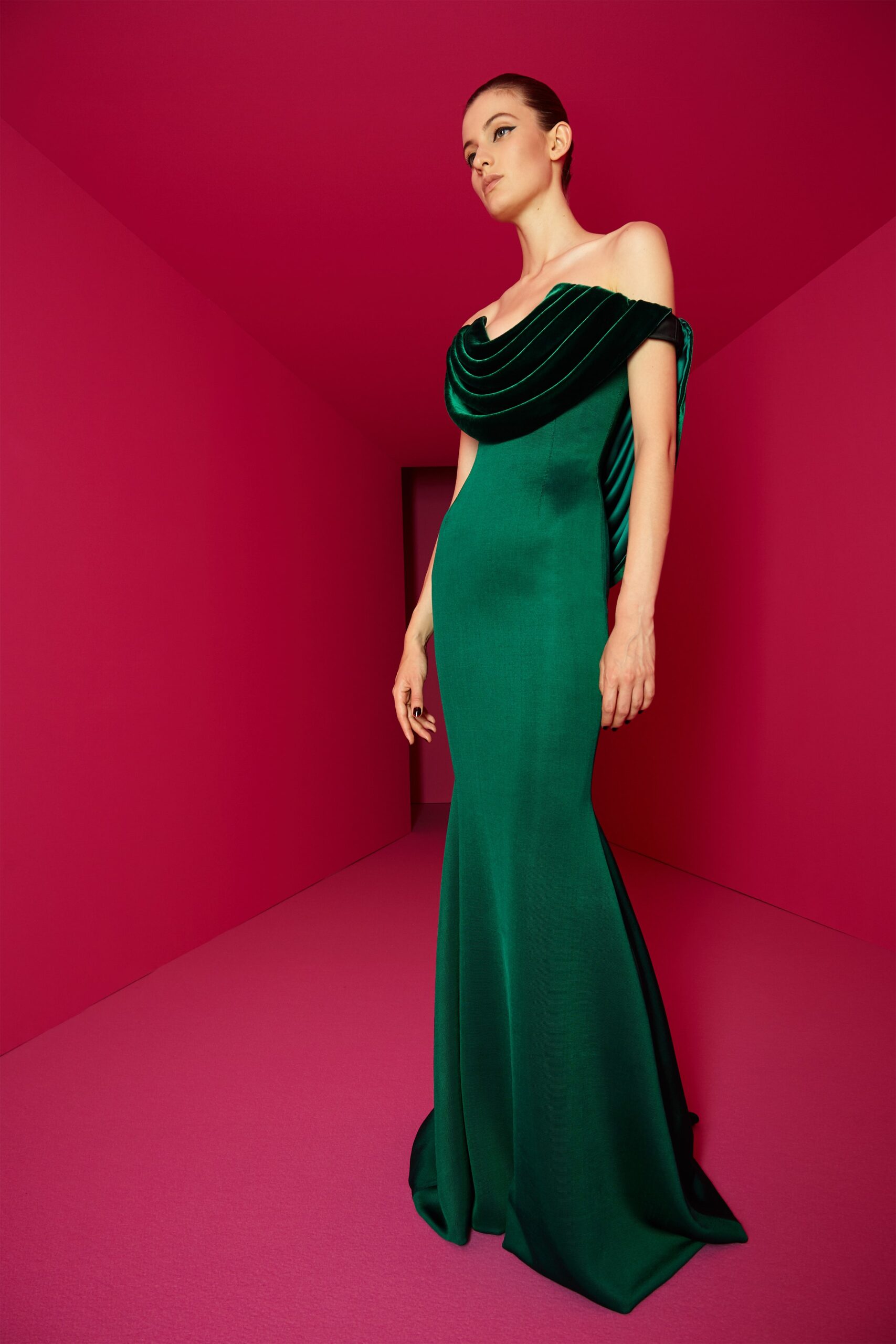 green silk off-shoulder gown