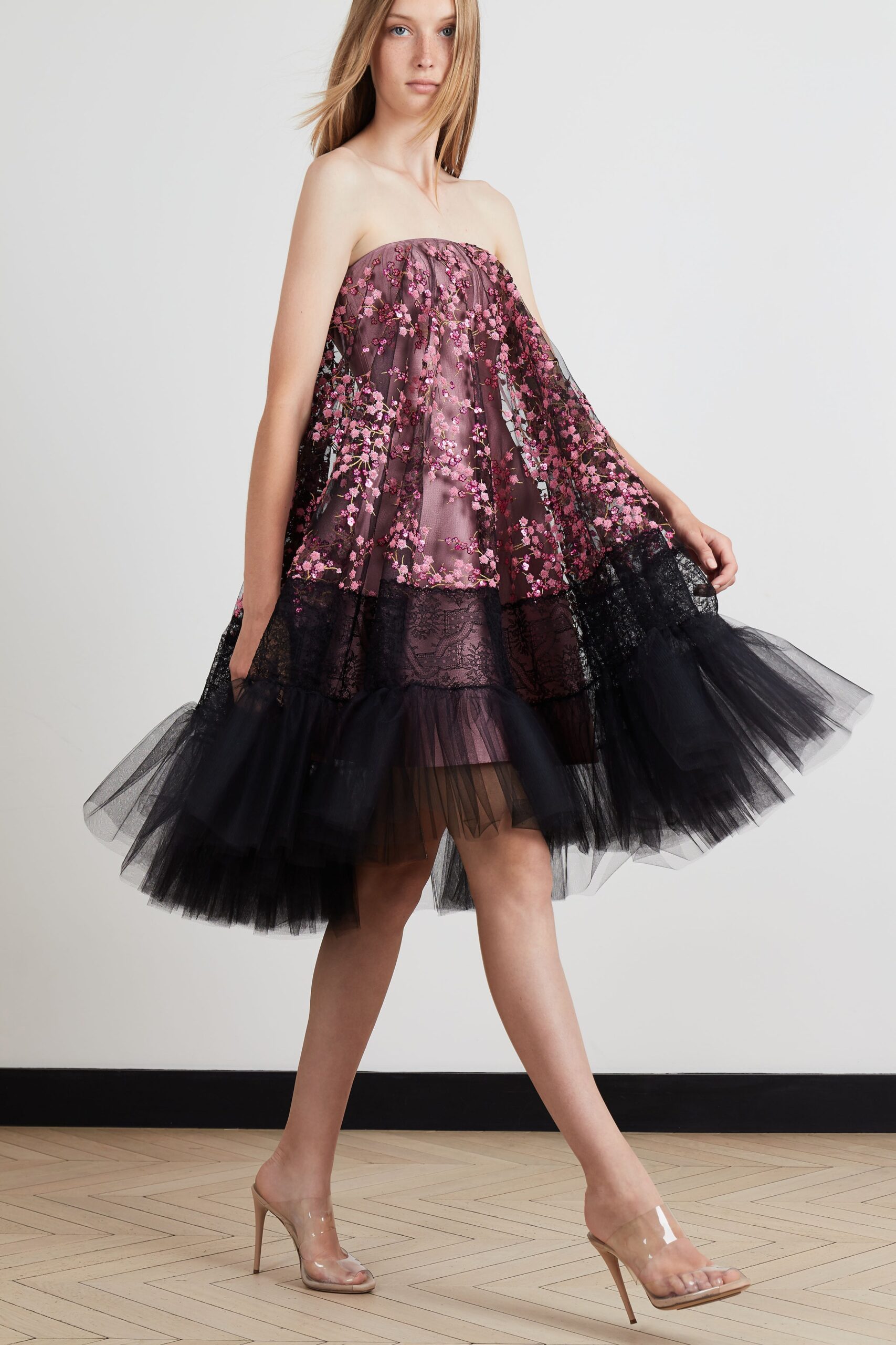 pink embroidered strapless dress