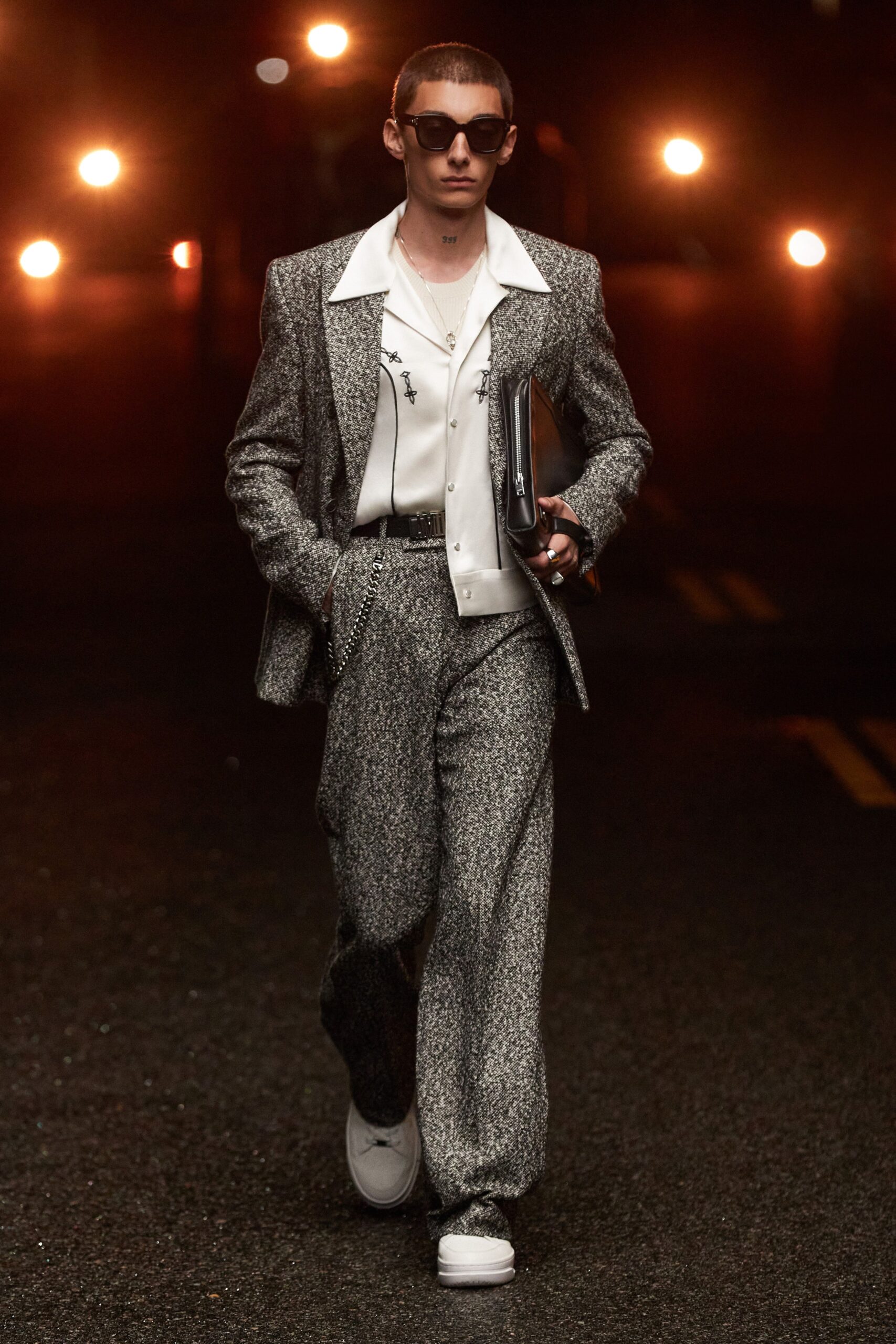 gray tailored suit with white shirt