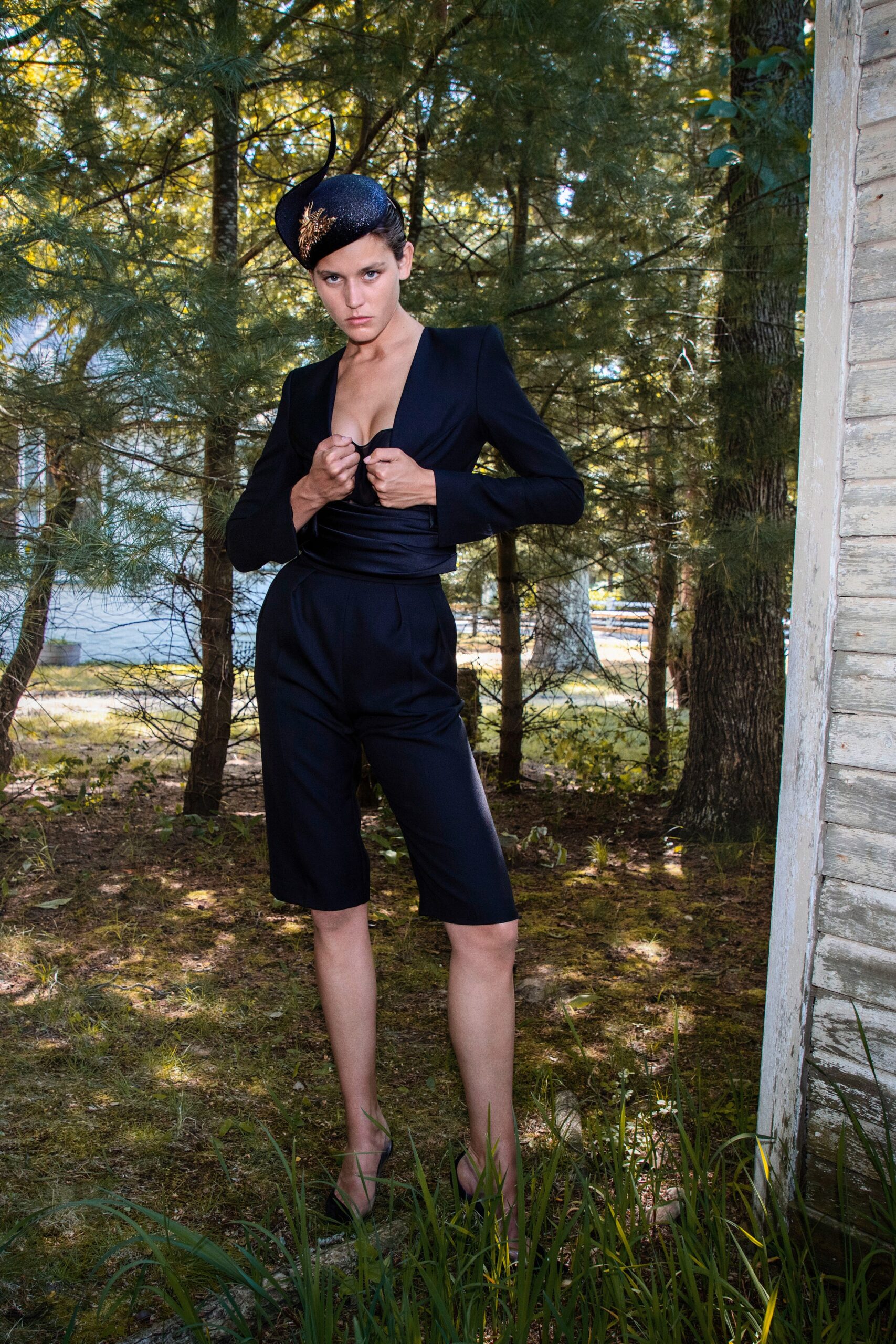 black fitted blazer and shorts