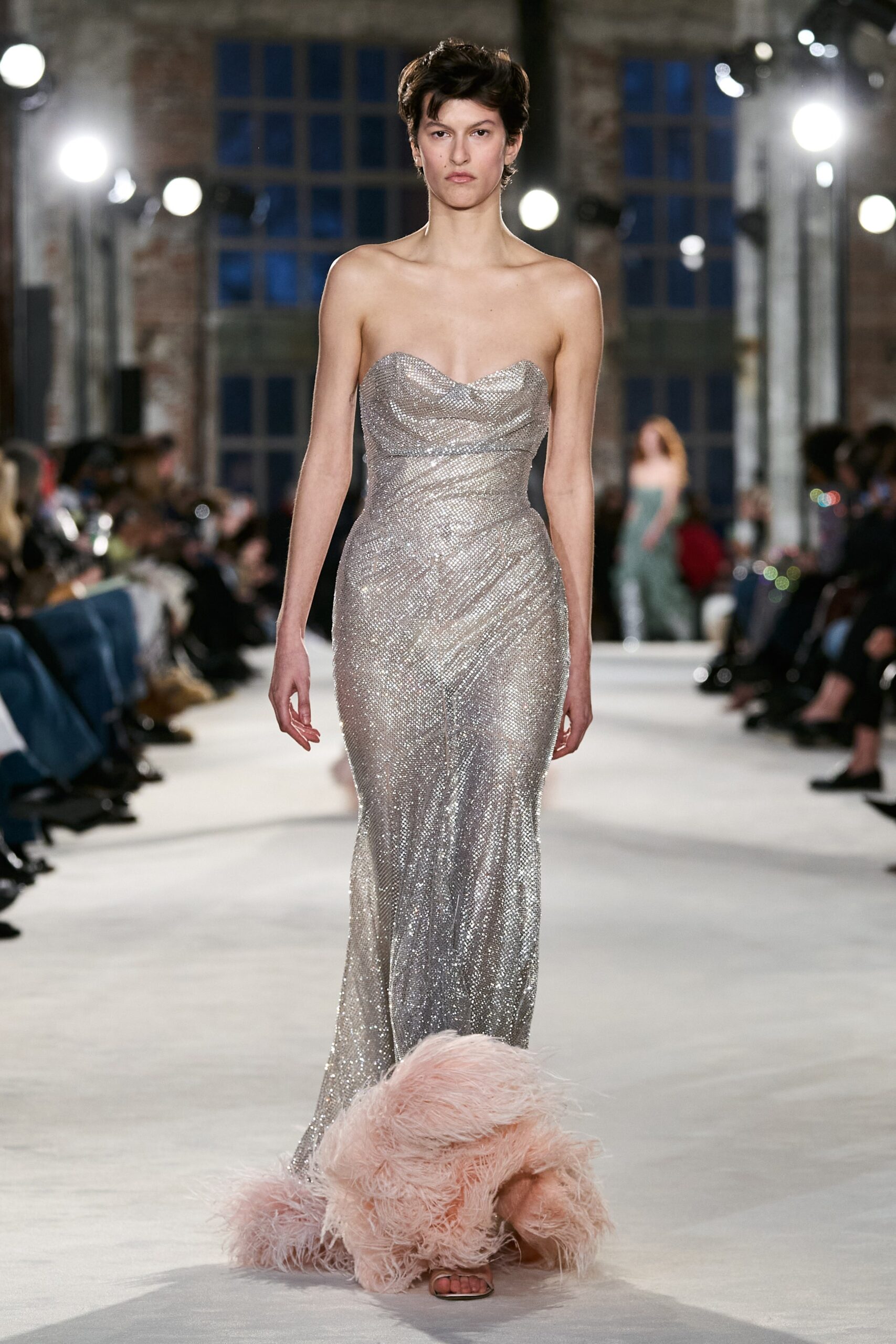 gray silk strapless fitted ruched embellished shiny gown