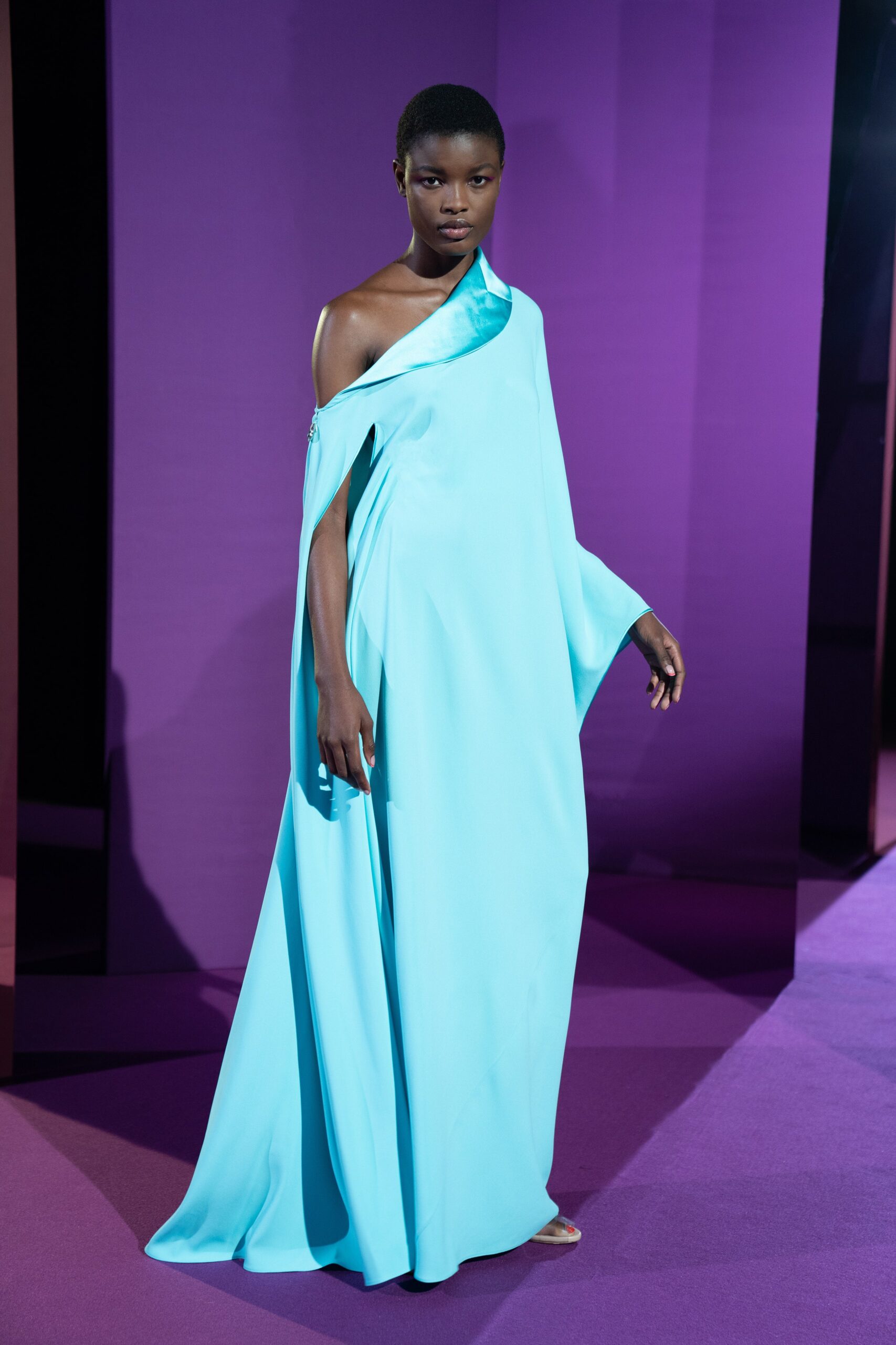 blue silk off-shoulder gown