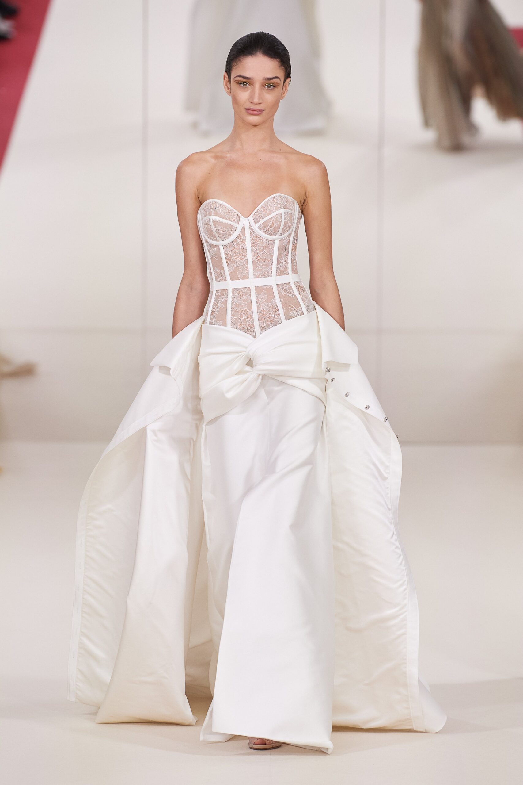 white silk strapless gown