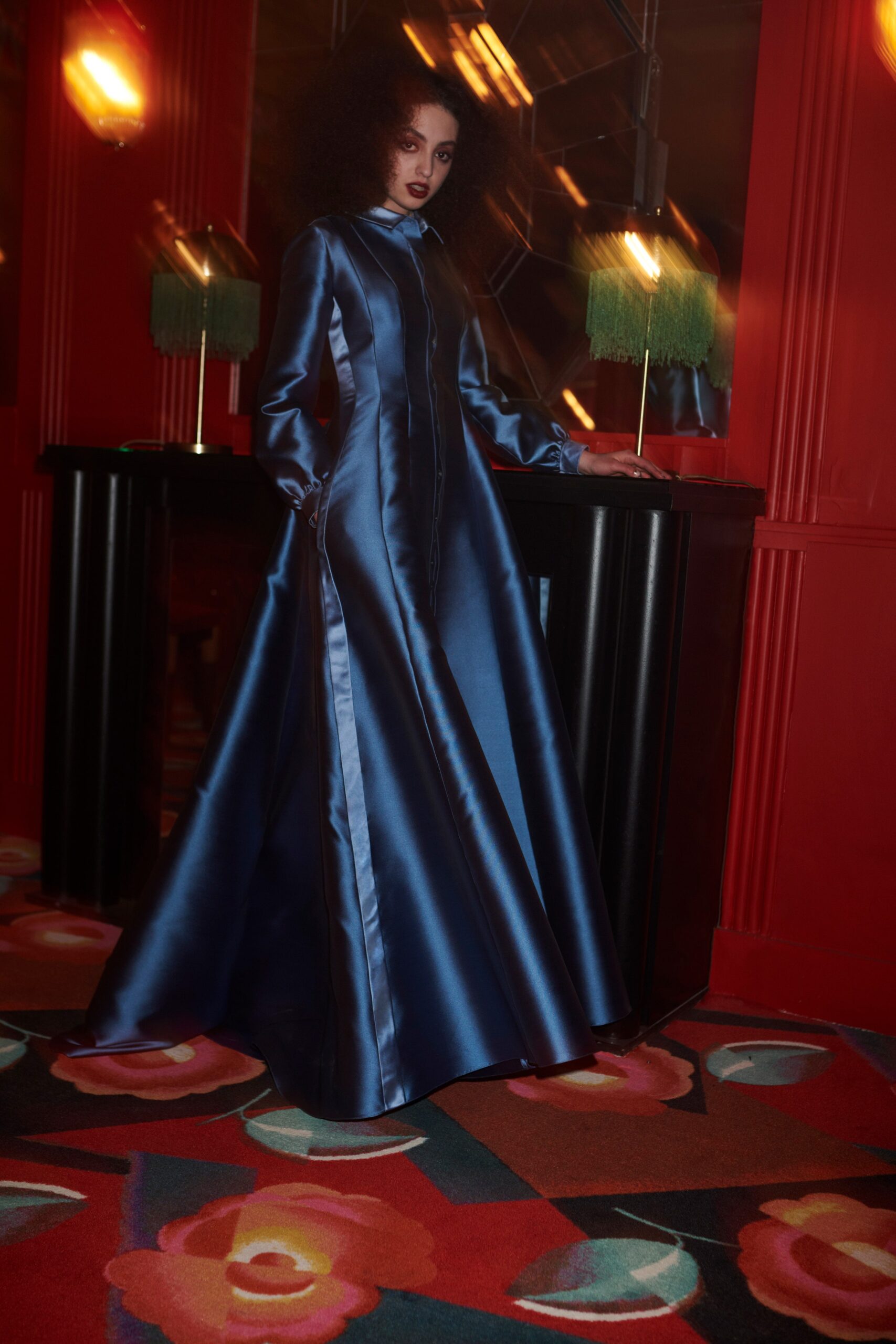 blue satin long-sleeve gown