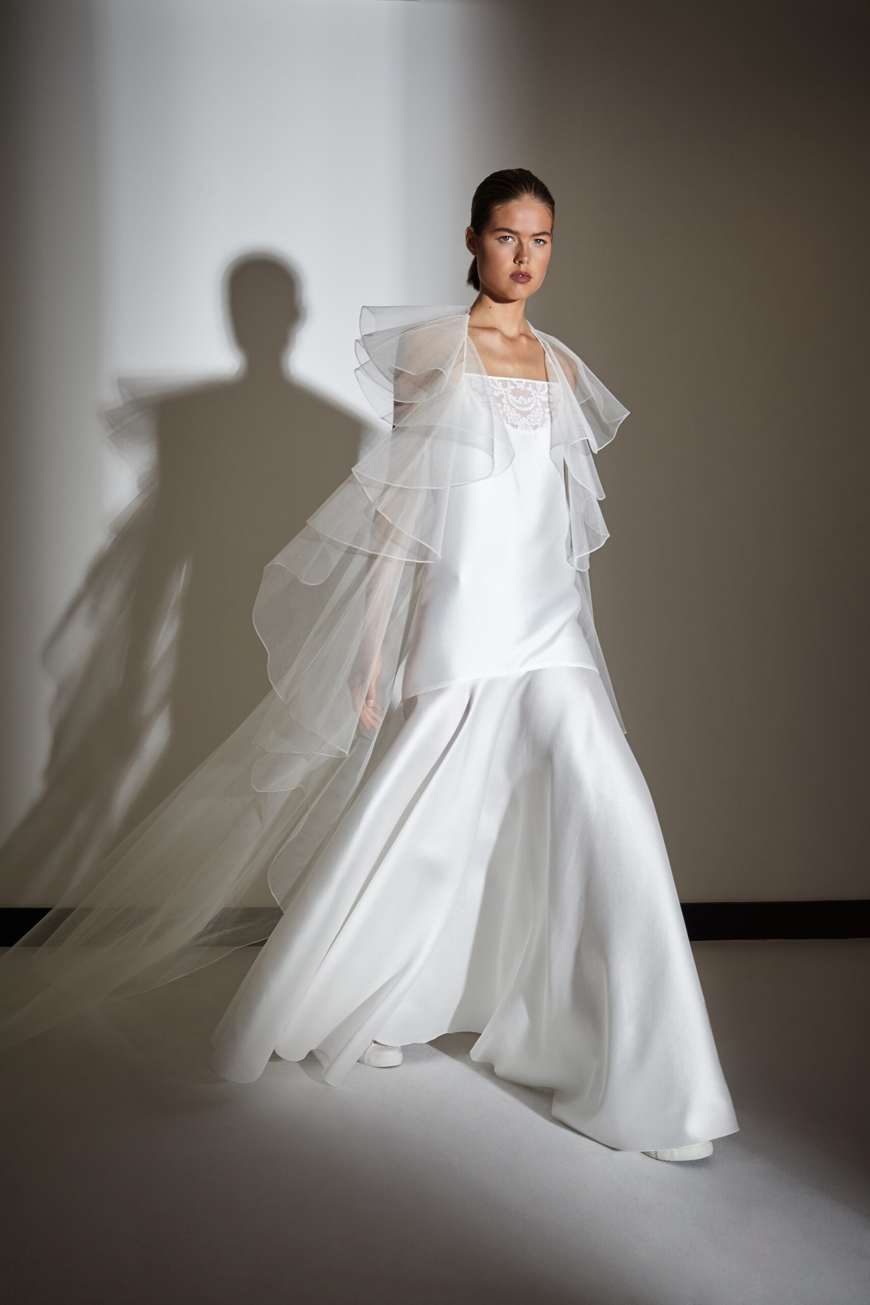 white tulle long-sleeve relaxed draped sheer cape