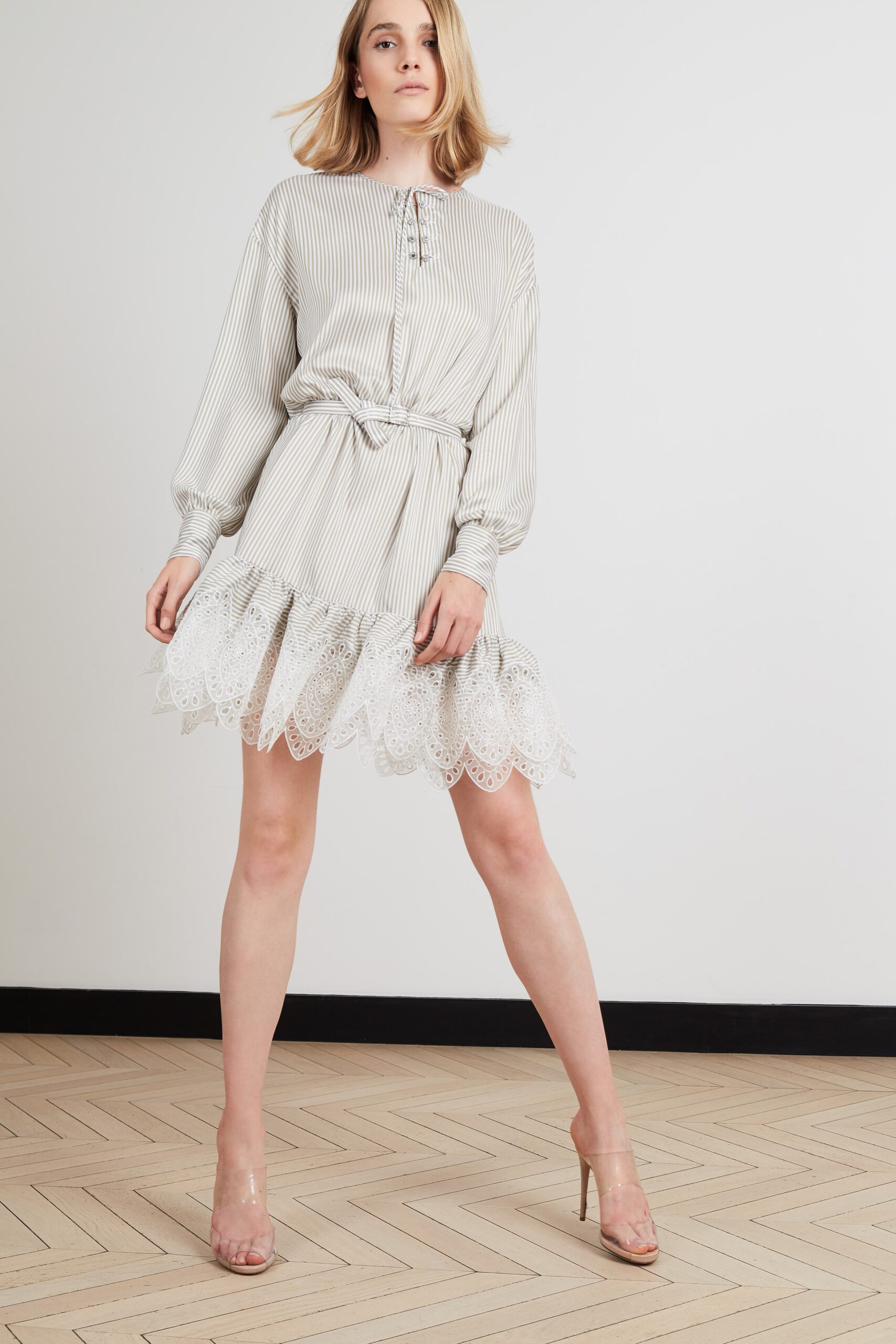white gray long-sleeve mini dress