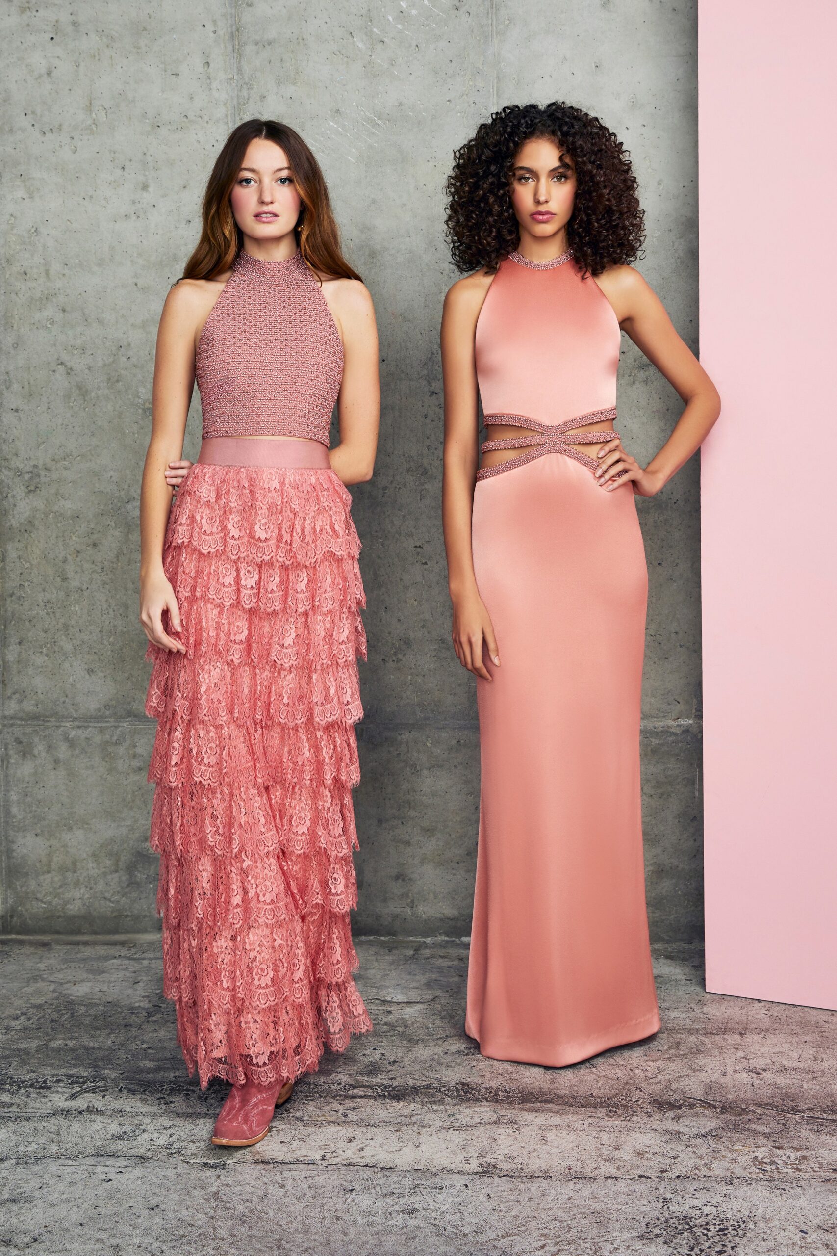 pink lace and satin maxi dresses