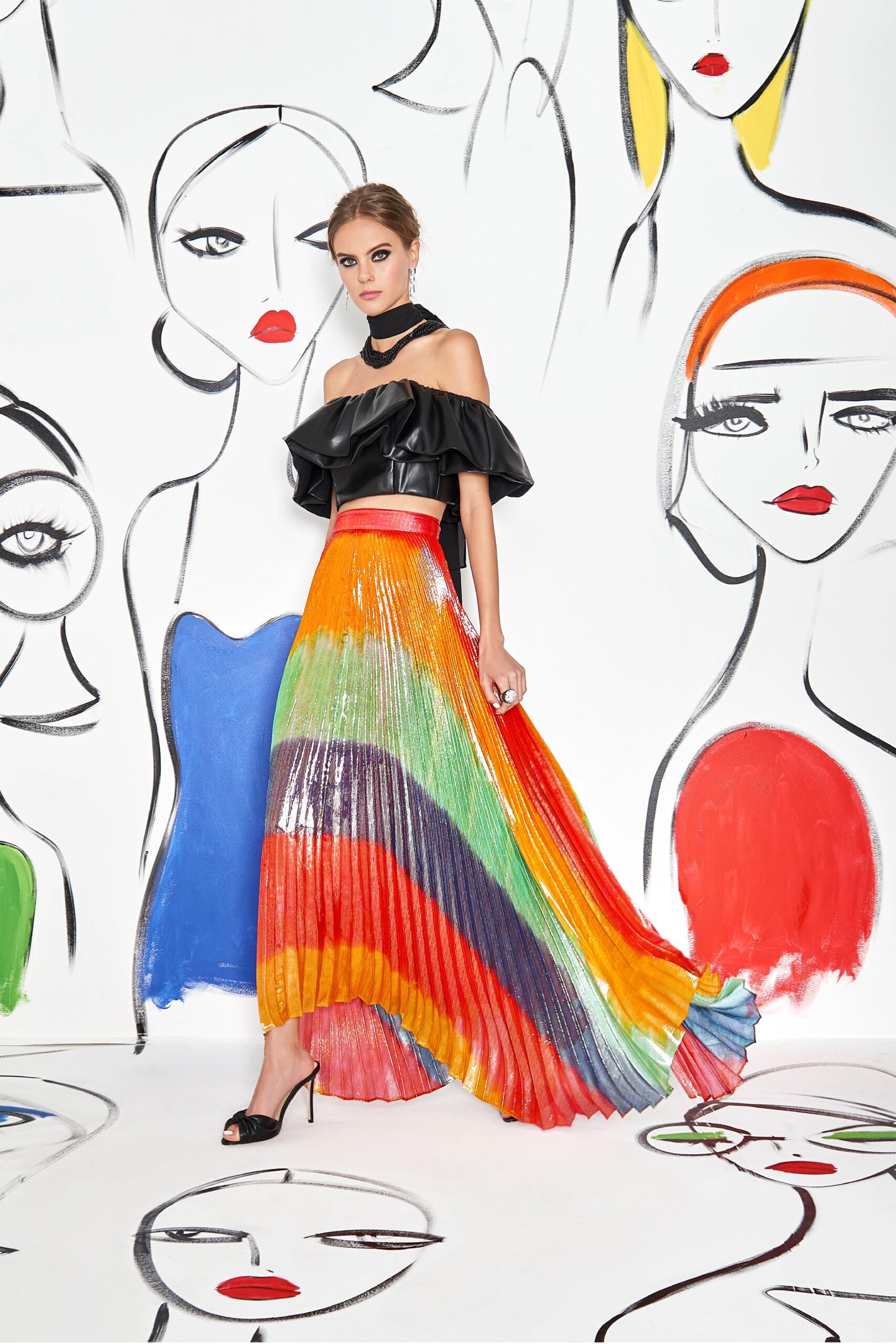 multi silk relaxed pleated shiny maxi skirt