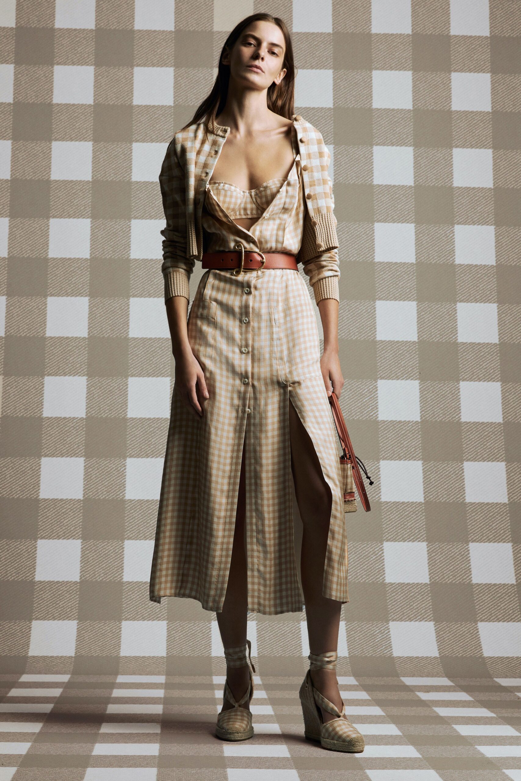 beige cotton sleeveless v-neck fitted buttoned midi dress