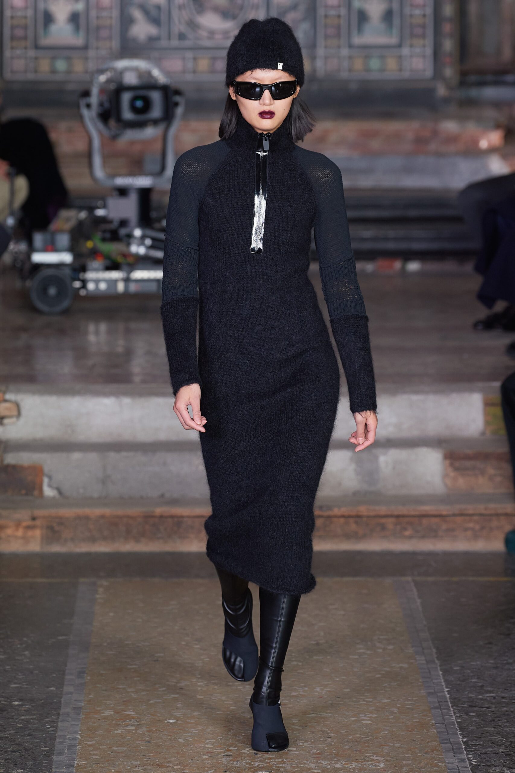 black wool long-sleeve high-neck fitted straight-leg midi dress