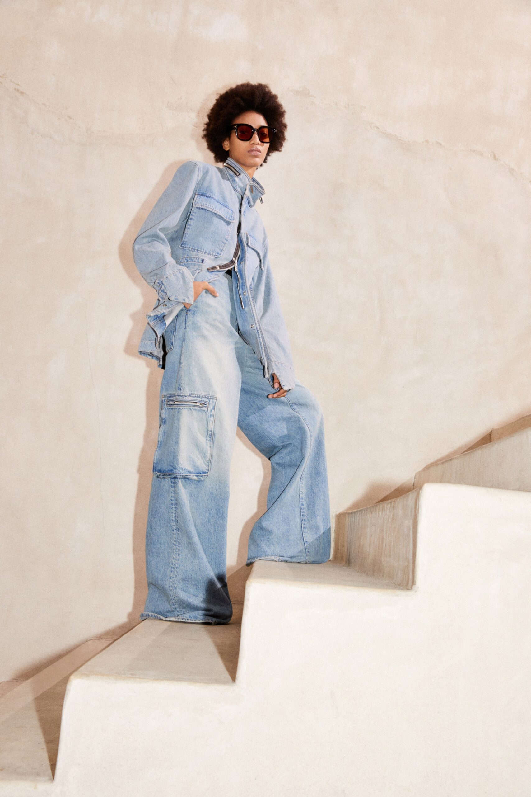blue denim relaxed wide-leg cargo pants
