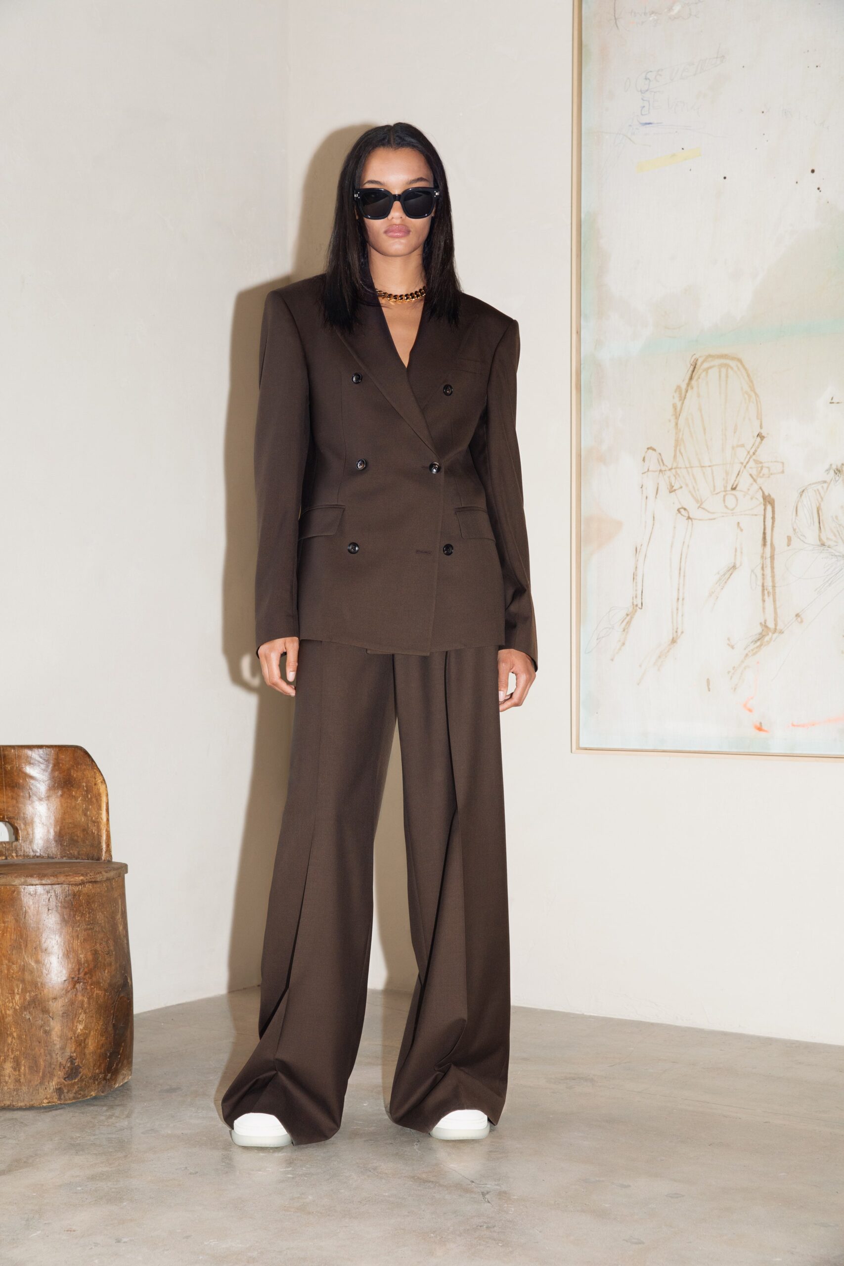 brown tailored blazer and pants