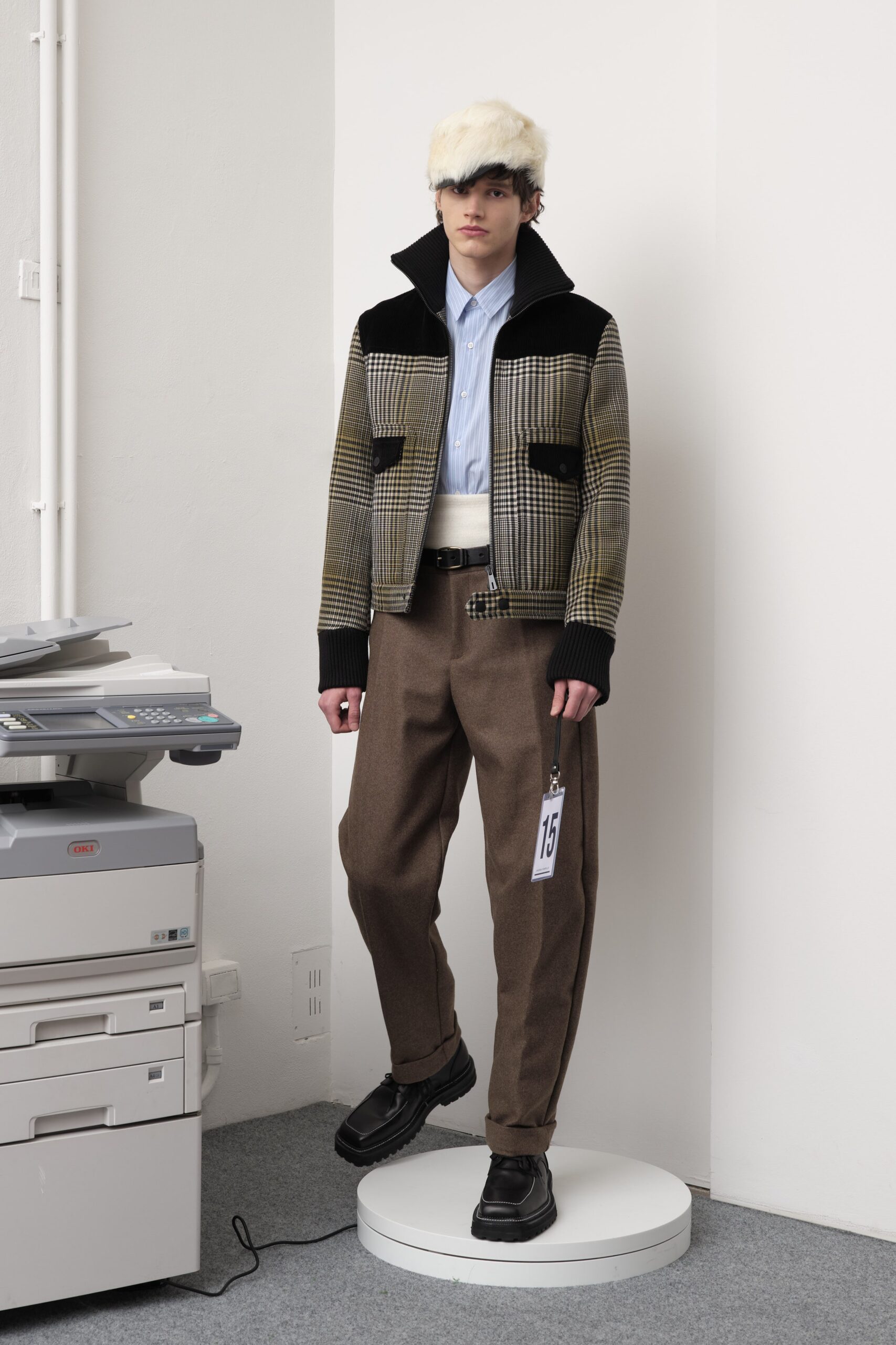 checked jacket with blue shirt