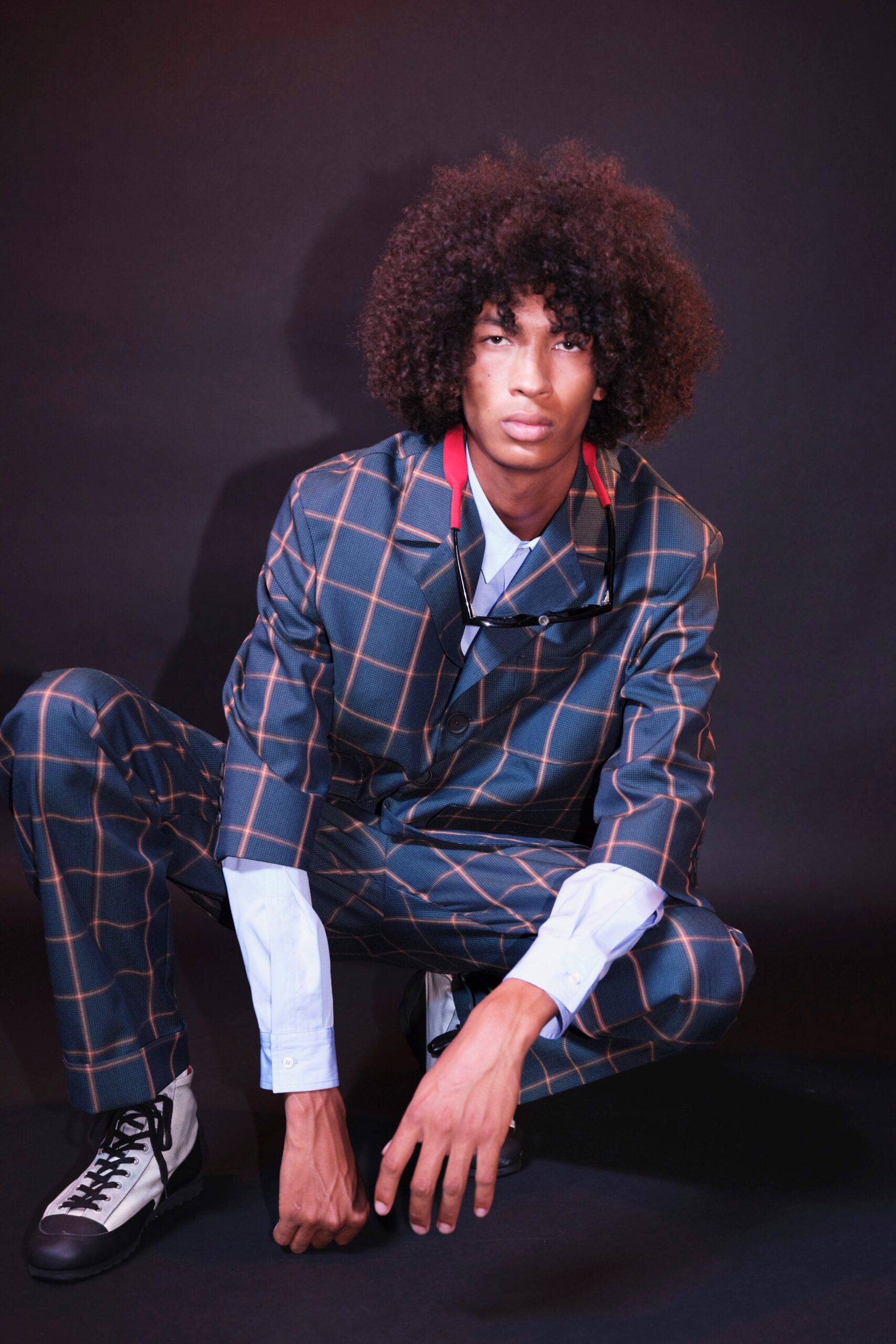 blue checked tailored suit