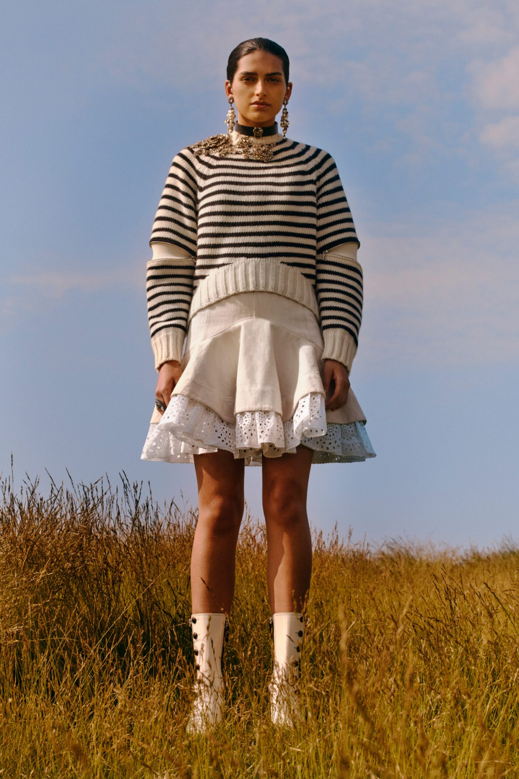 striped sweater and tiered skirt