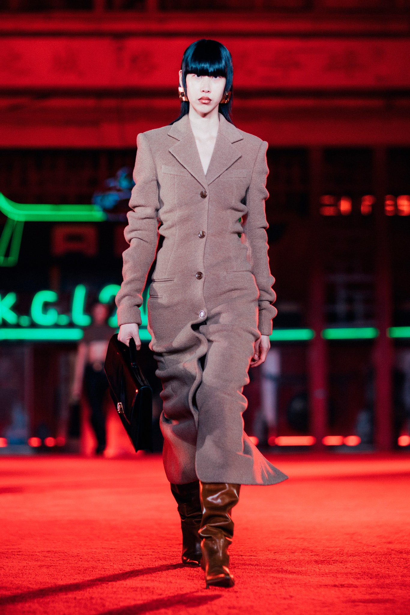 brown wool long-sleeve collared fitted buttoned straight-leg dress