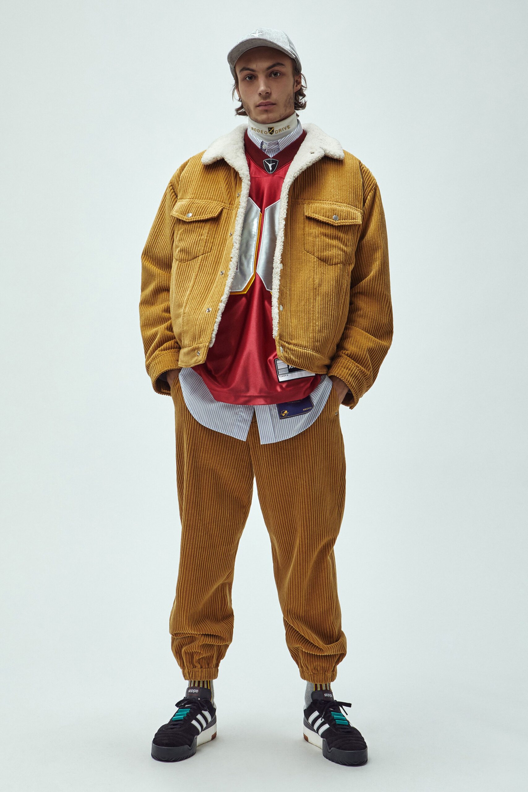 brown relaxed jacket with red top