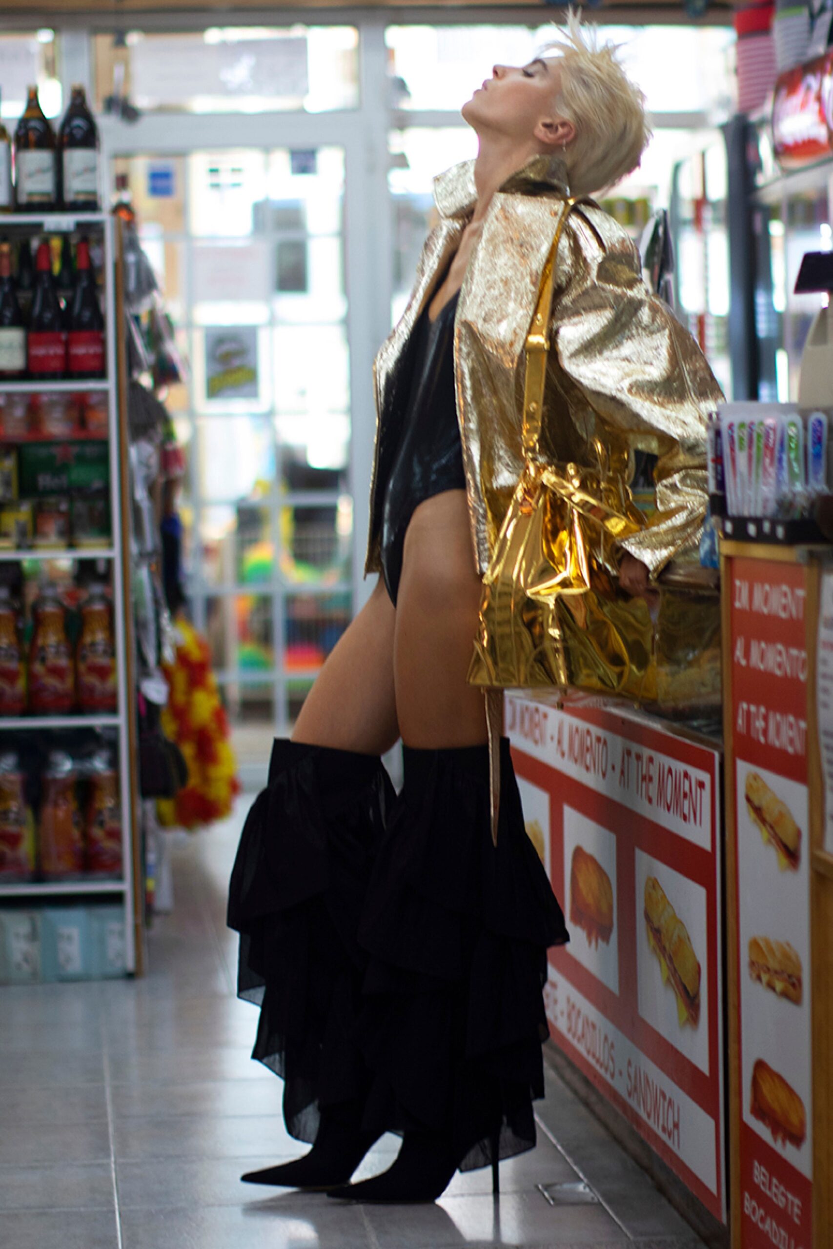 gold metallic long-sleeve collared fitted zippered shiny jacket