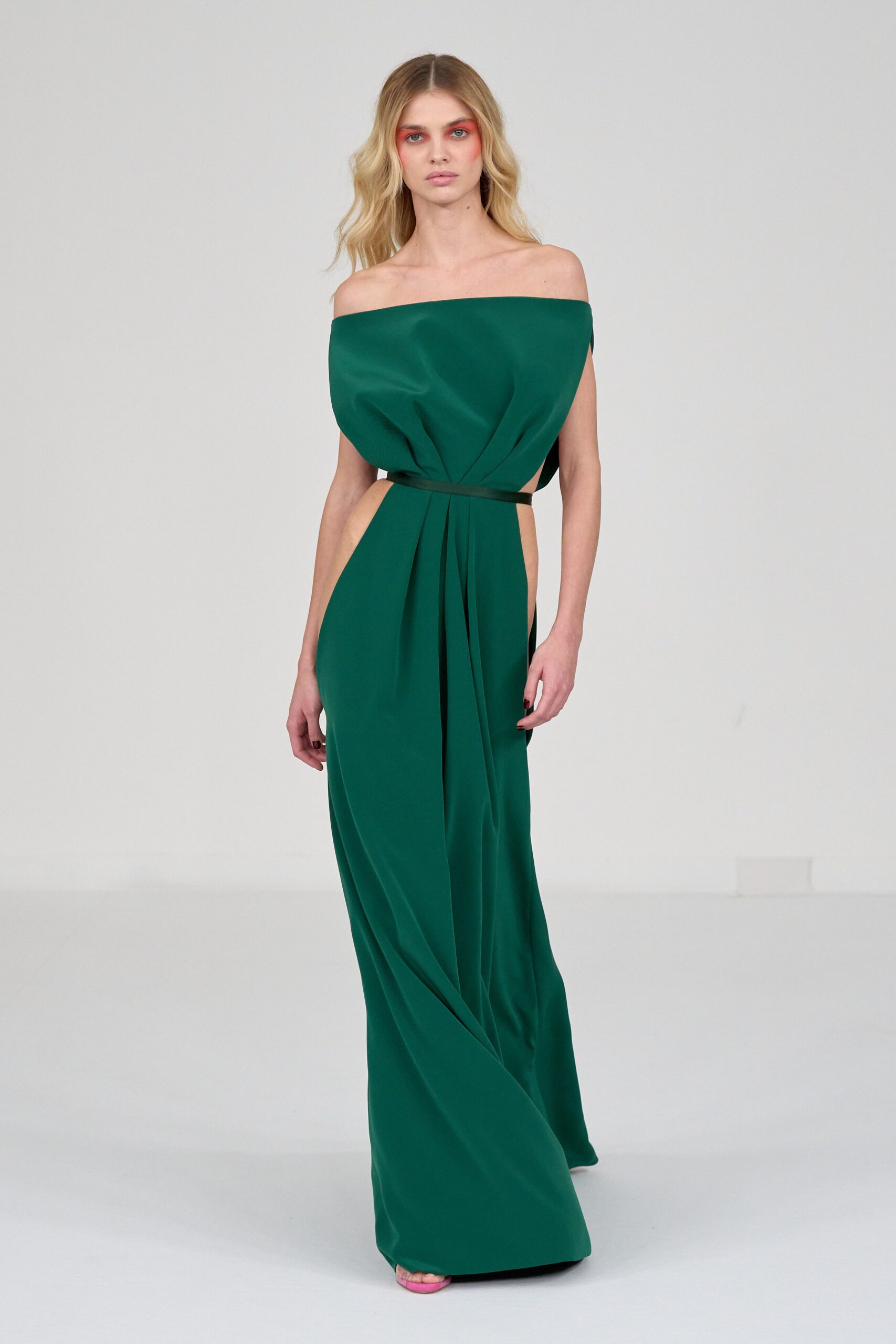 green silk off-shoulder gown