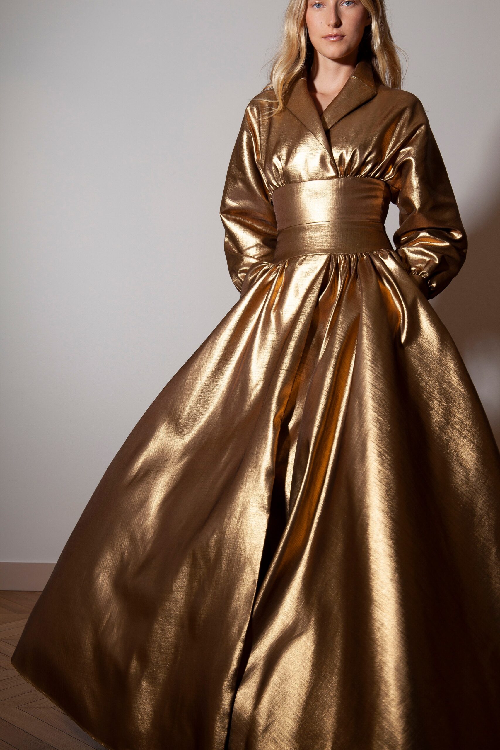 gold satin long-sleeve gown