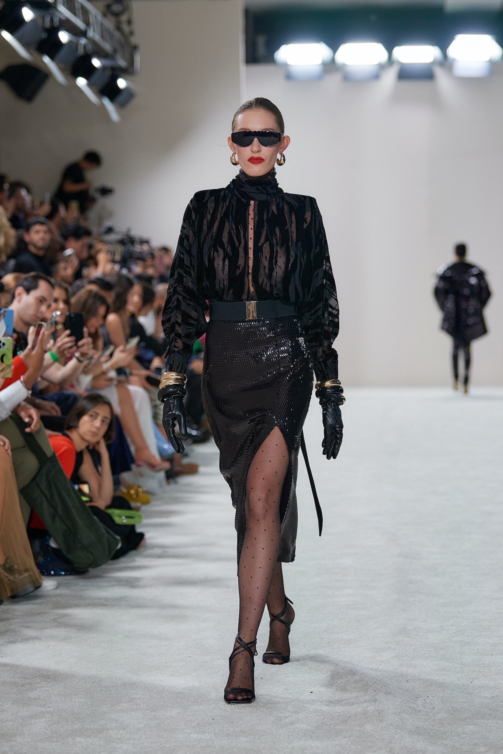 black silk blouse and pencil skirt