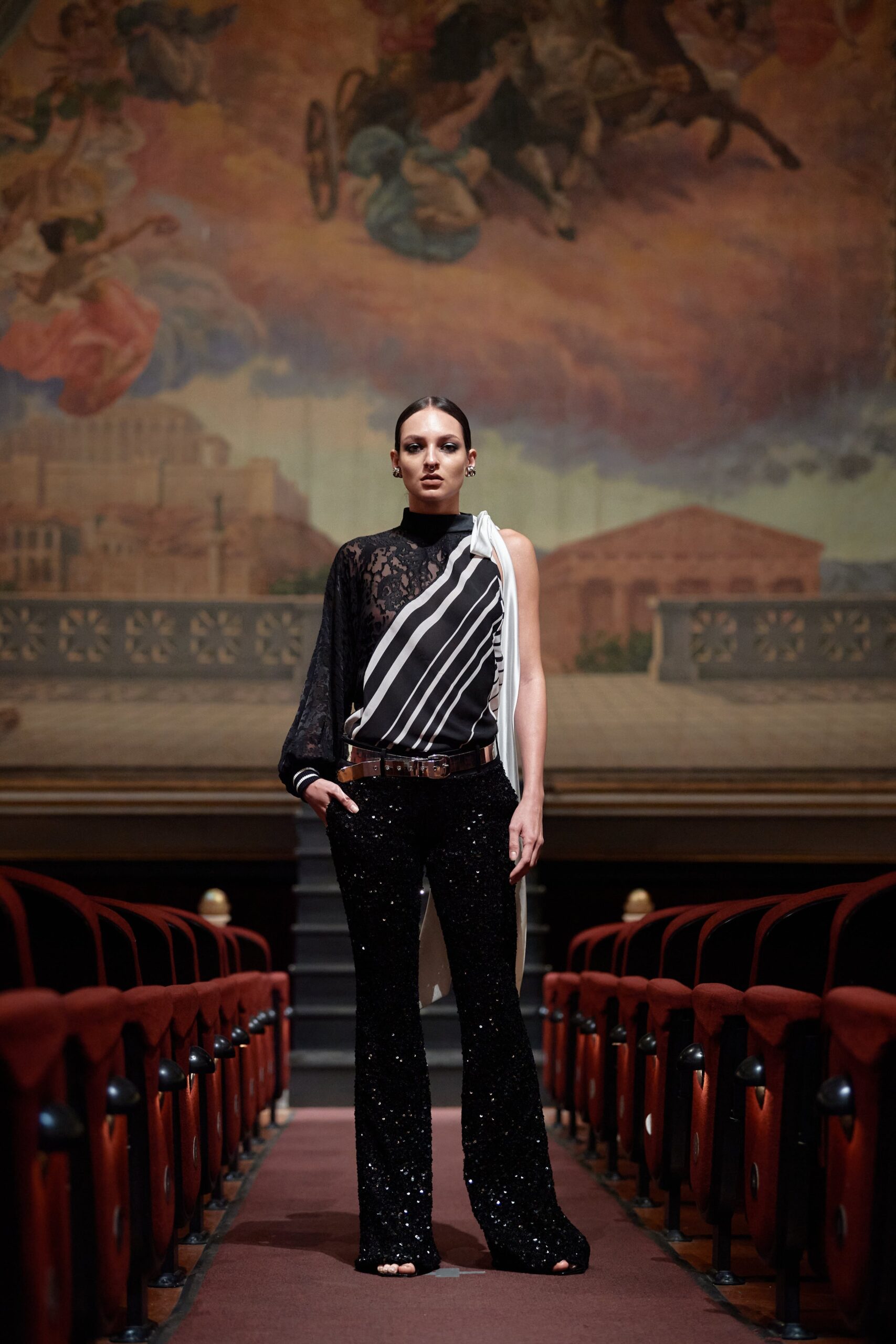 black sequin fitted flared shiny pants