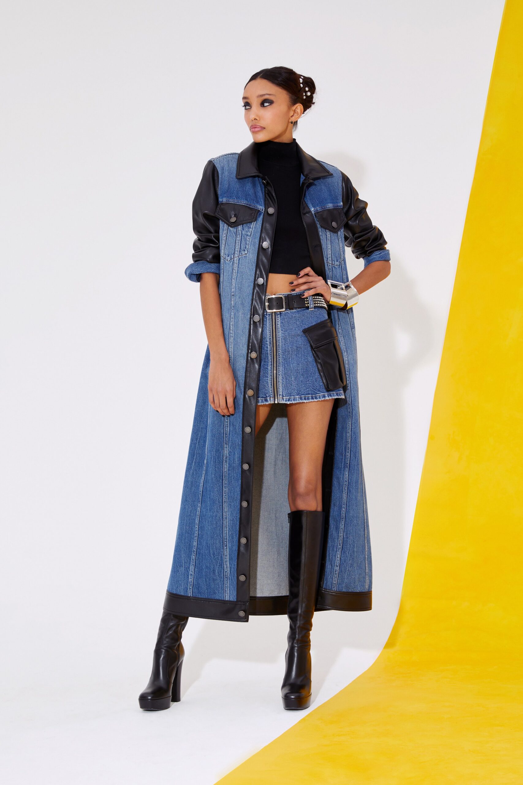blue denim long-sleeve collared fitted buttoned pockets coat