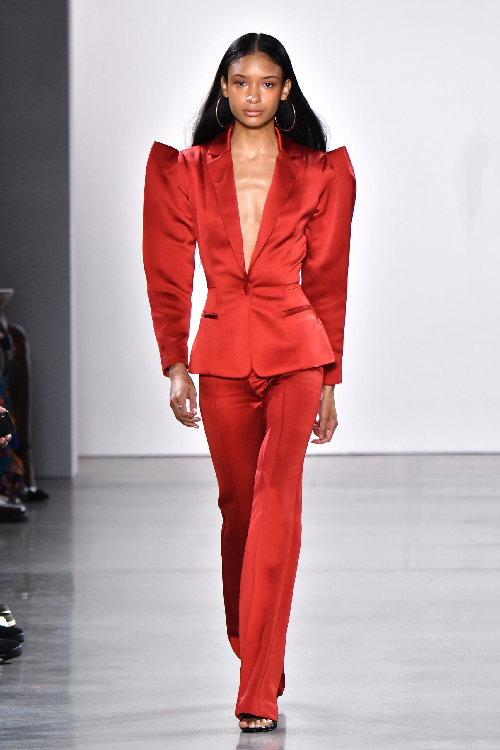 fitted red satin suit